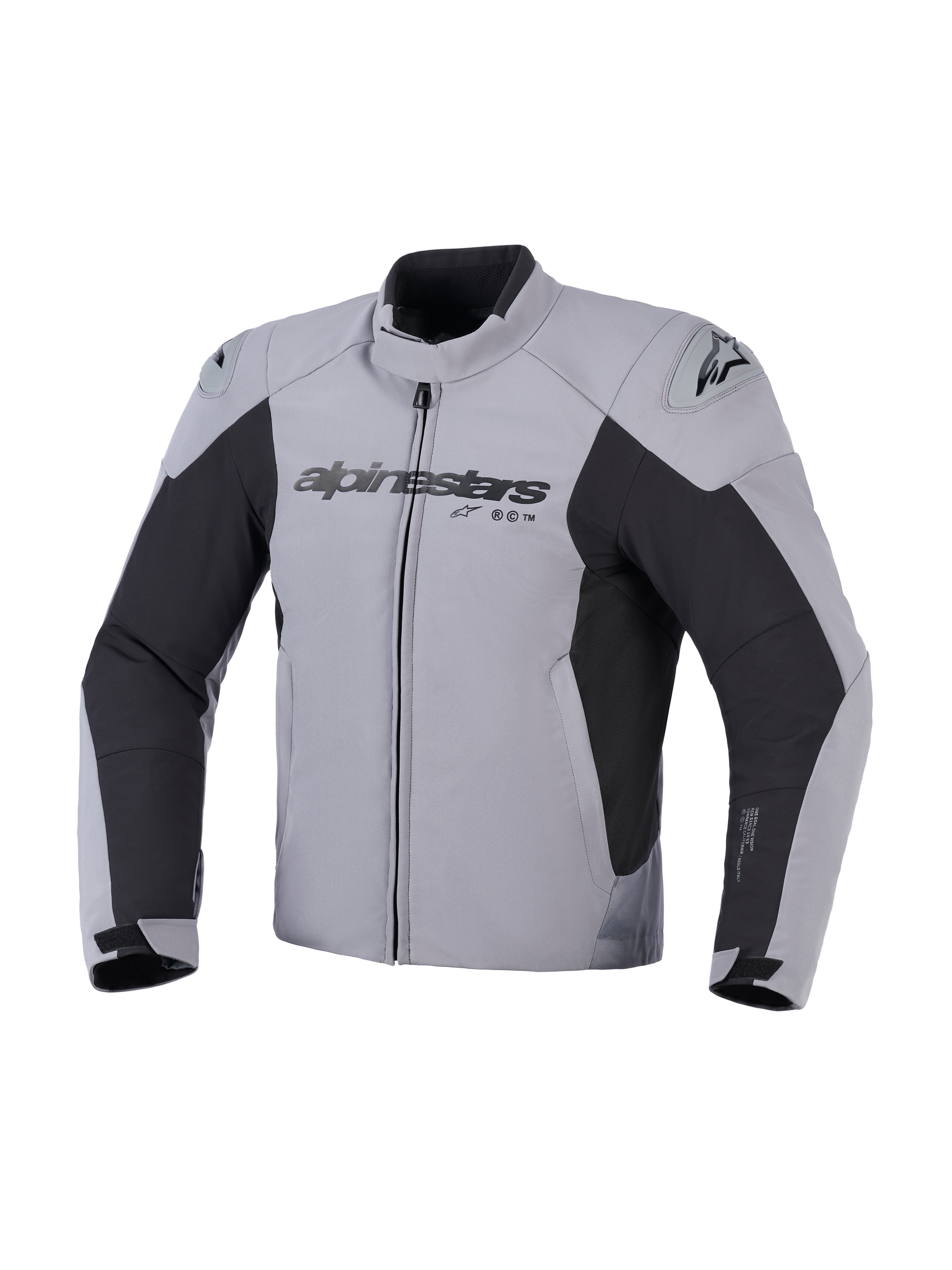 Alpinestars SMX Waterproof Jacket, kurtka motocyklowa, ciemnoszara i czarna, widok z przodu z logo Alpinestars na klatce piersiowej i sliderami barkowymi DFS Lite, sportowy krój tekstylny do jazdy szosowej