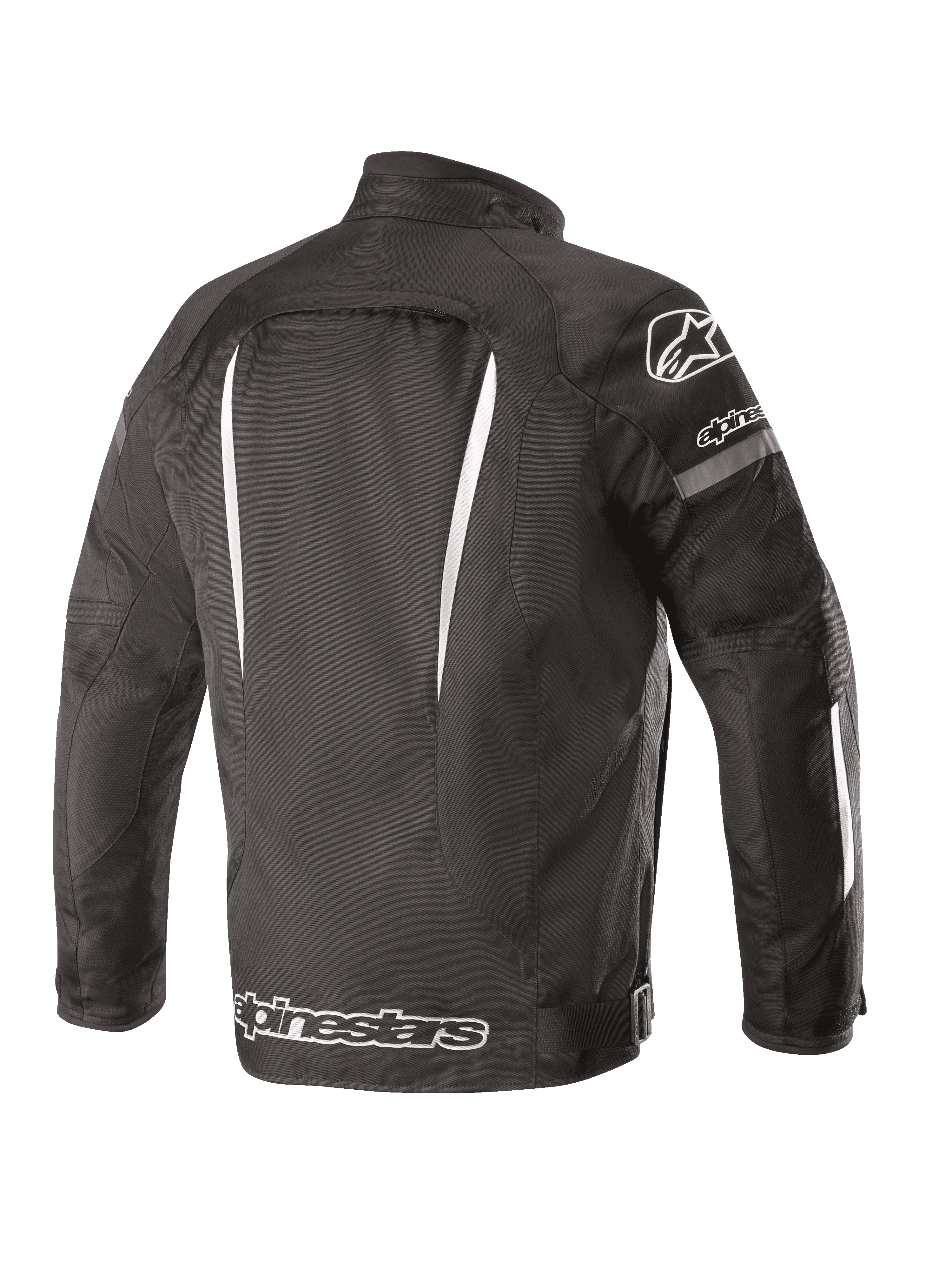 Alpinestars Gunner V2 Waterproof Jacket, wodoodporna kurtka motocyklowa, widok z tyłu, czarno-biała, tekstylna konstrukcja z pionowymi białymi akcentami, duże logo Alpinestars na dole pleców i logo A-star na ramieniu, miejska odzież motocyklowa