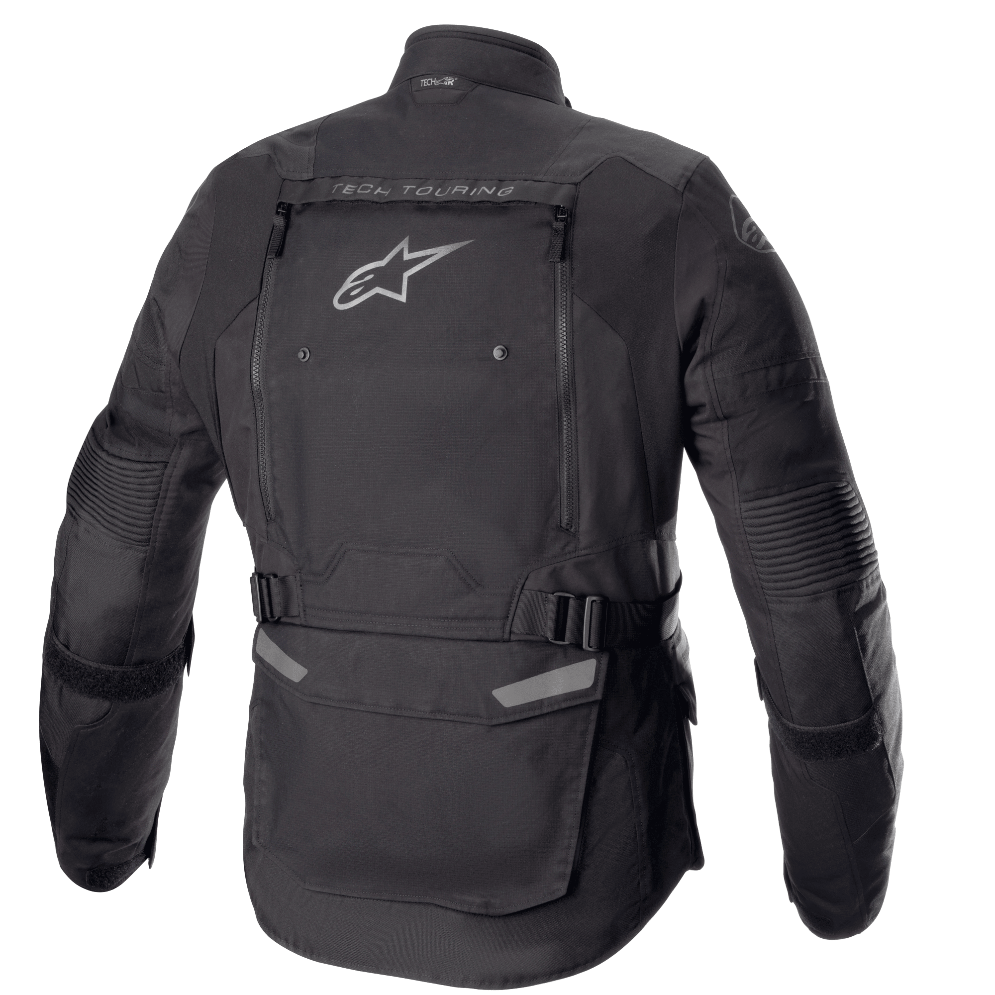 Kurtka Alpinestars Bogotá Pro Drystar®, widok z tyłu, czarna, tekstylna kurtka motocyklowa z dużym panelem wentylacyjnym na plecach, logo Alpinestars, brandingiem „TECH TOURING”, regulowanymi paskami w talii i panelami harmonijkowymi na łokciach.