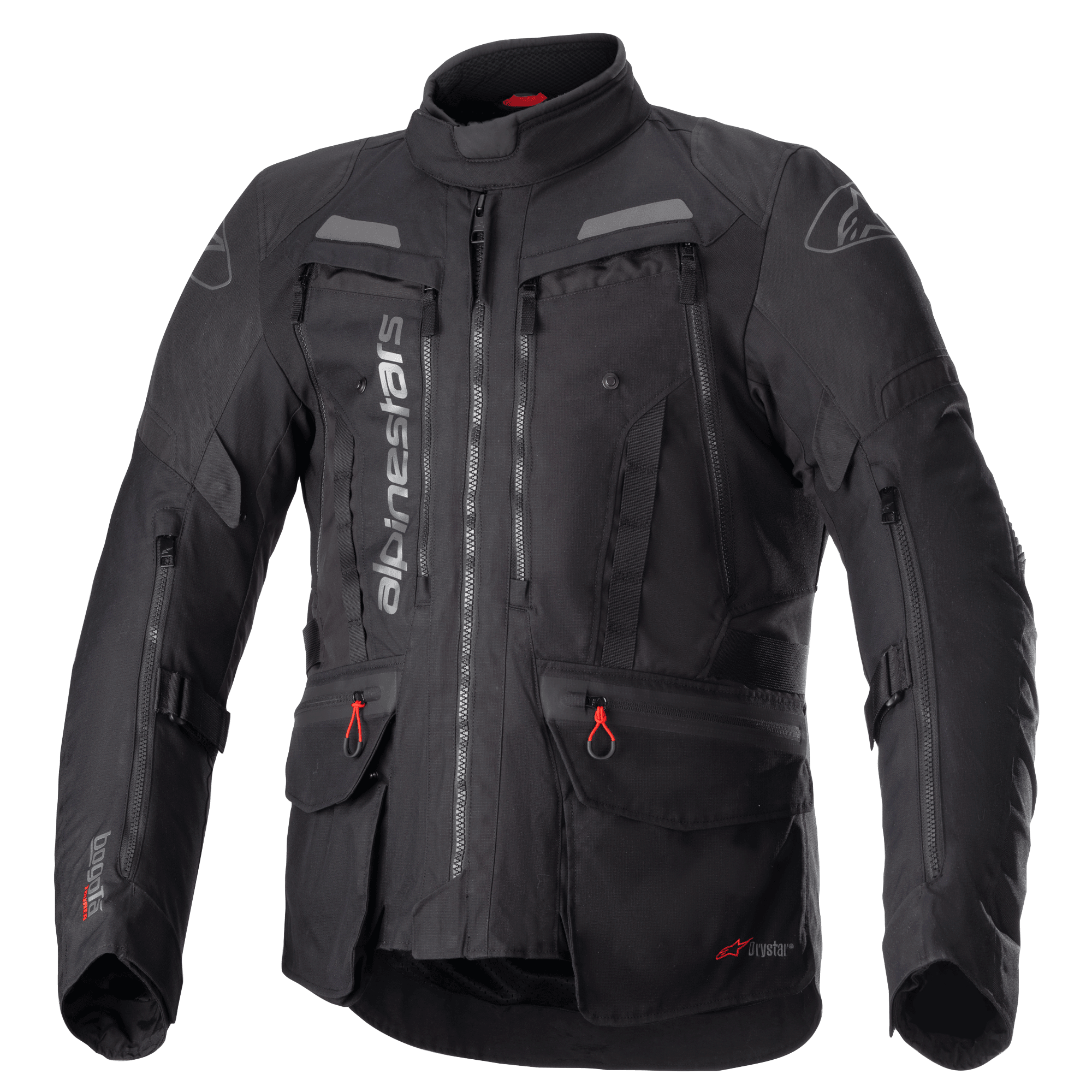 Alpinestars Bogota Pro Drystar Jacket, czarna turystyczna kurtka motocyklowa, szare i czerwone akcenty, duże panele wentylacyjne na klatce piersiowej, wodoodporne kieszenie z czerwonymi uchwytami zamków, wysoki kołnierz ochronny, trwała tekstylna konstrukcja do jazdy typu adventure