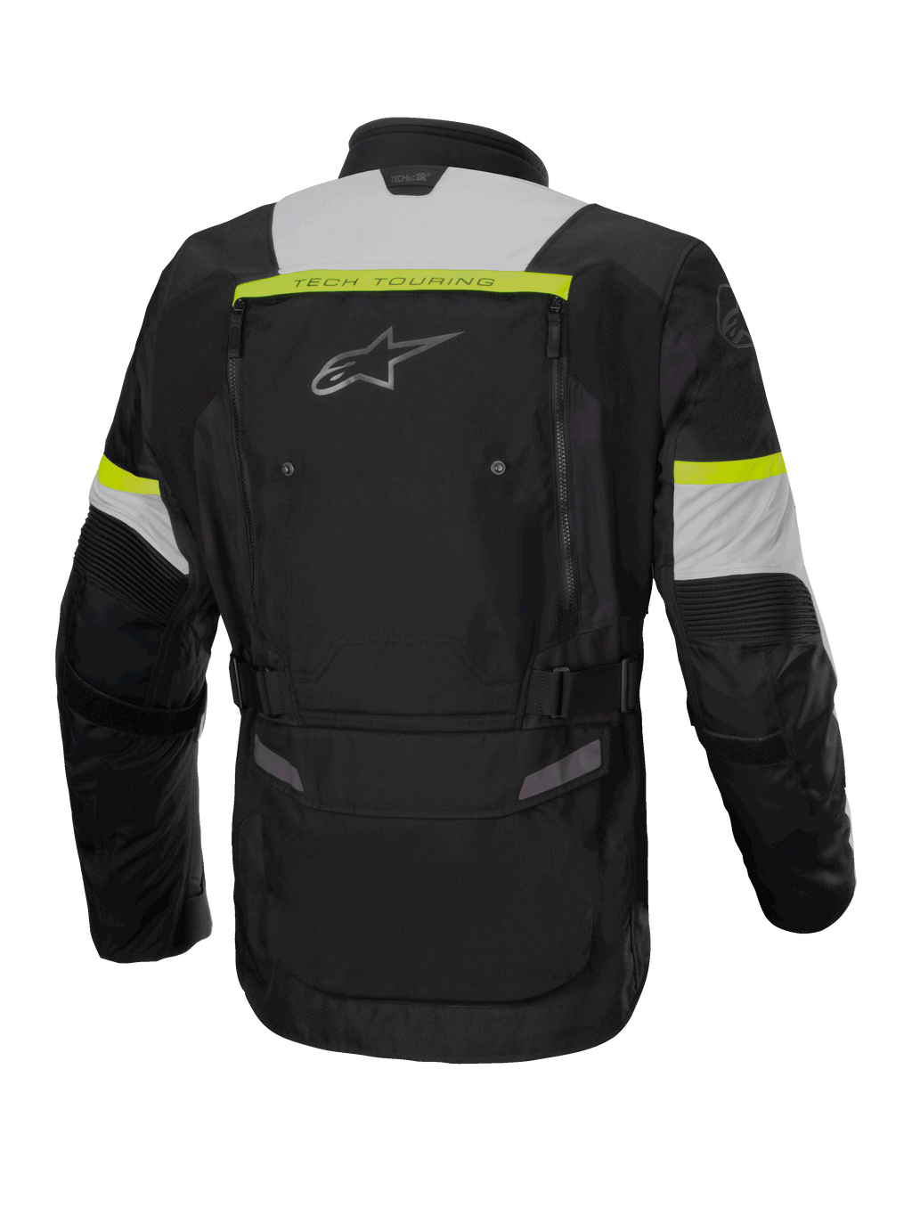Alpinestars Bogota' Pro Drystar®, męska wodoodporna kurtka adventure touring, czarna i żółta fluo, widok z tyłu.