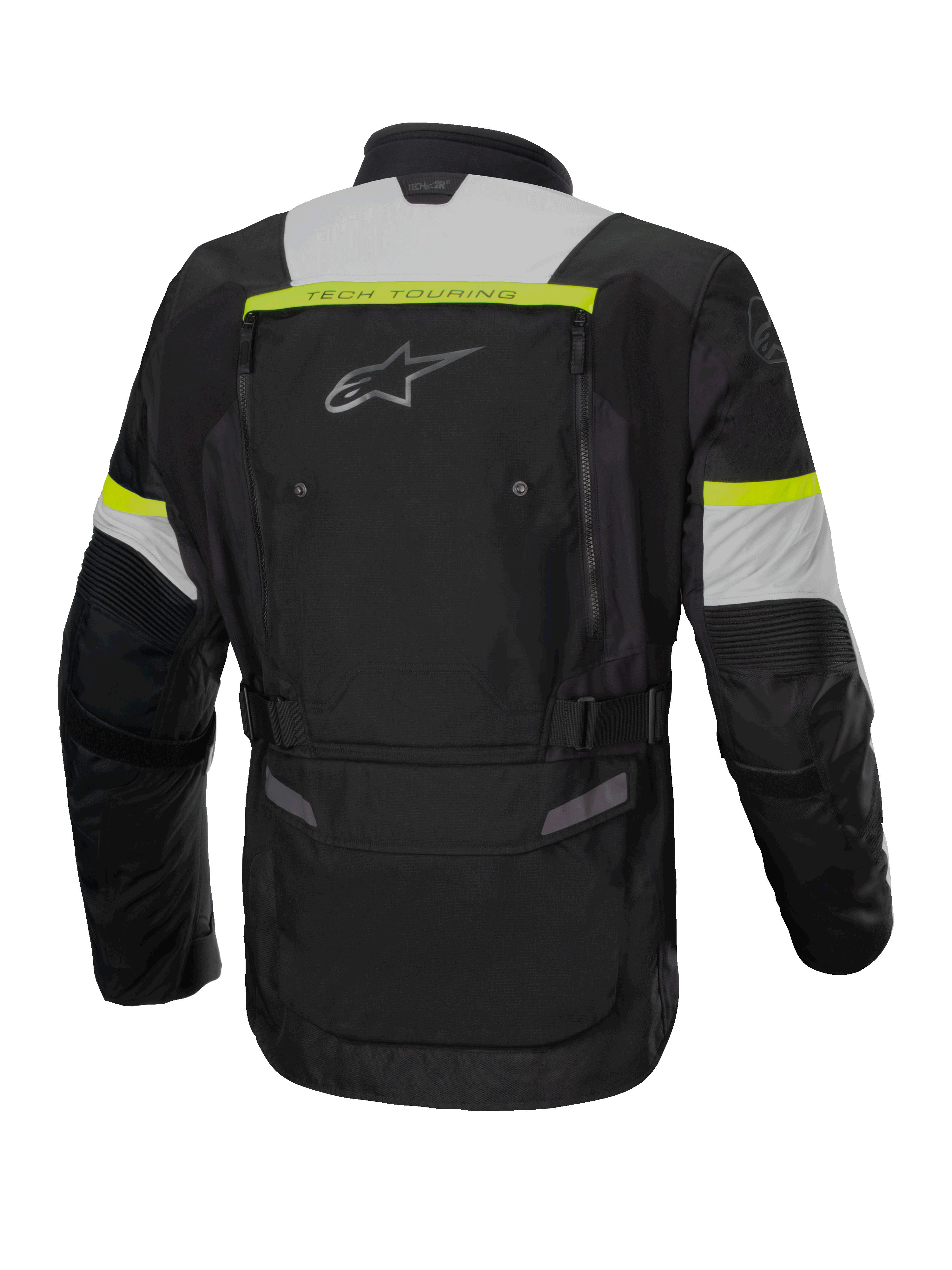 Alpinestars Bogota' Pro Drystar®, męska wodoodporna kurtka adventure touring, czarna i żółta fluo, widok z tyłu.