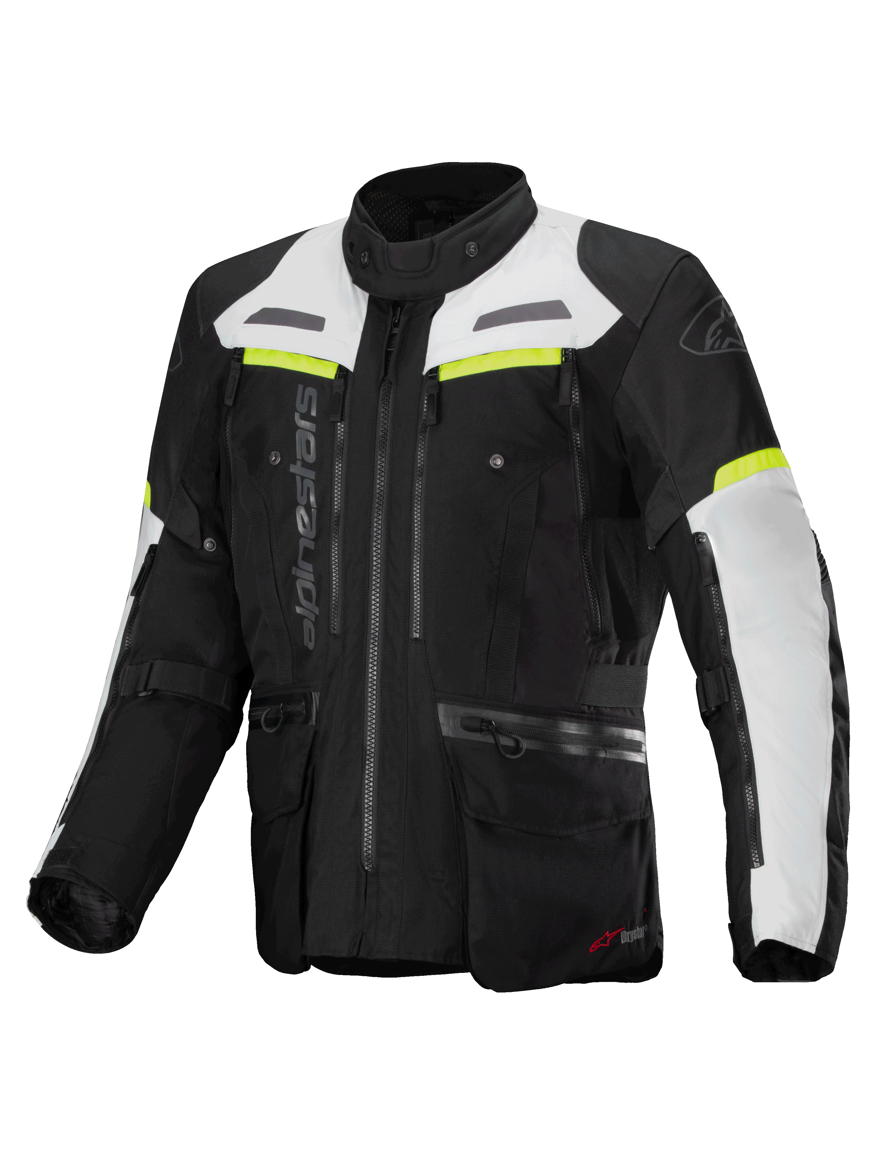 Alpinestars Bogota' Pro Drystar®, męska kurtka motocyklowa adventure touring, czarna i szara z żółtym fluo, membrana Drystar®, certyfikat CE