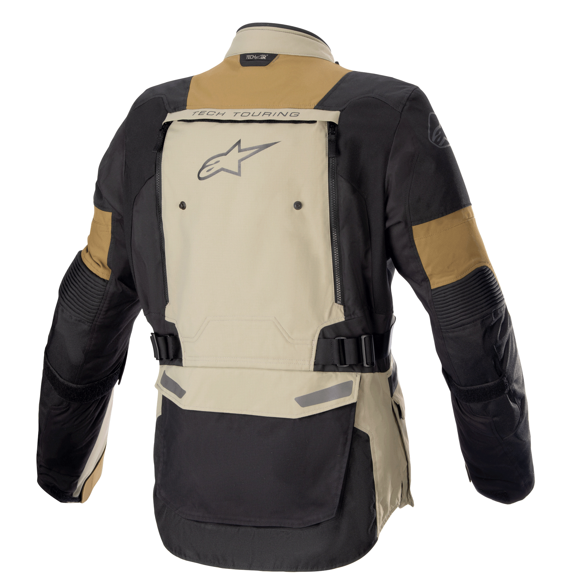 Kurtka Alpinestars Bogotá Pro Drystar®, motocyklowa kurtka adventure, kolor Vetiver Military Olive i czarny, widok z tyłu ukazujący duży panel wentylacyjny z napisem „TECH TOURING” i logo Alpinestars, regulowane paski w talii, trwała konstrukcja tekstylna do turystyki całosezonowej.