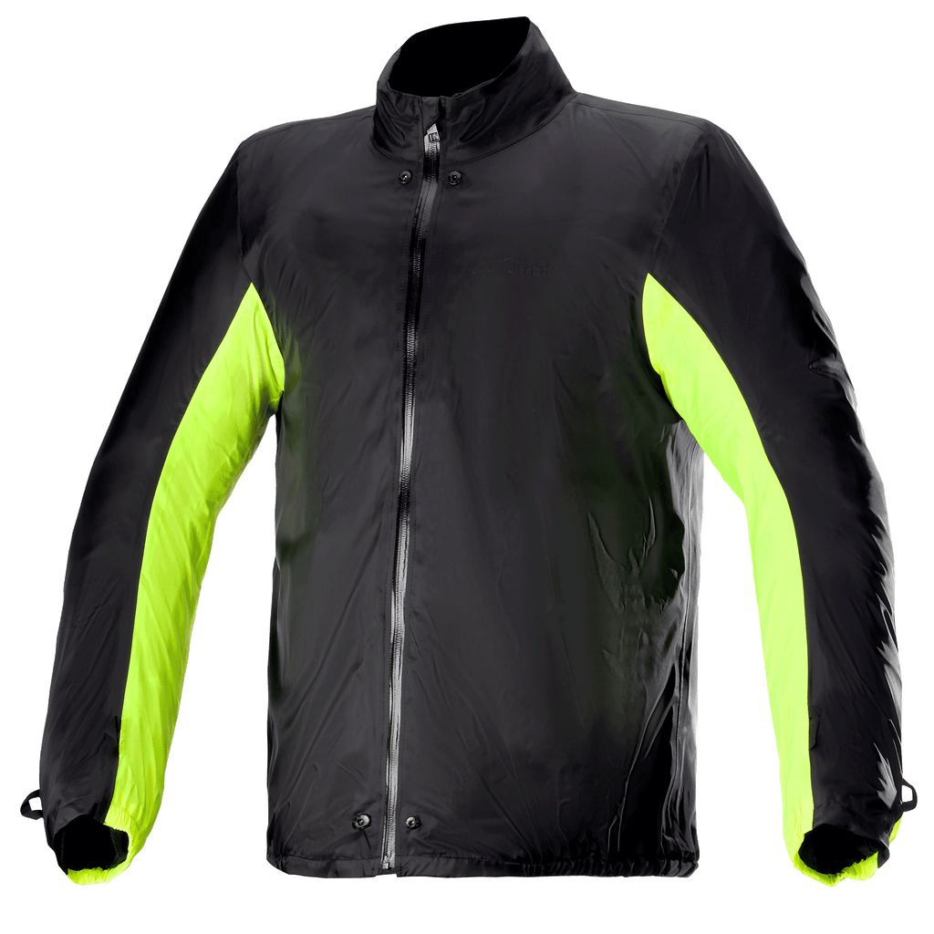 Alpinestars Bogota' Pro Drystar® Jacket Rain Cover, wodoodporna podpinka do kurtki motocyklowej, czarna z neonowożółtymi panelami bocznymi i na ramionach, zamek błyskawiczny na całej długości z zatrzaskami przy kołnierzu i w pasie, techniczne akcesorium do jazdy w każdych warunkach pogodowych