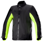 Alpinestars Bogota' Pro Drystar® Jacket Rain Cover, wodoodporna podpinka do kurtki motocyklowej, czarna z neonowożółtymi panelami bocznymi i na ramionach, zamek błyskawiczny na całej długości z zatrzaskami przy kołnierzu i w pasie, techniczne akcesorium do jazdy w każdych warunkach pogodowych