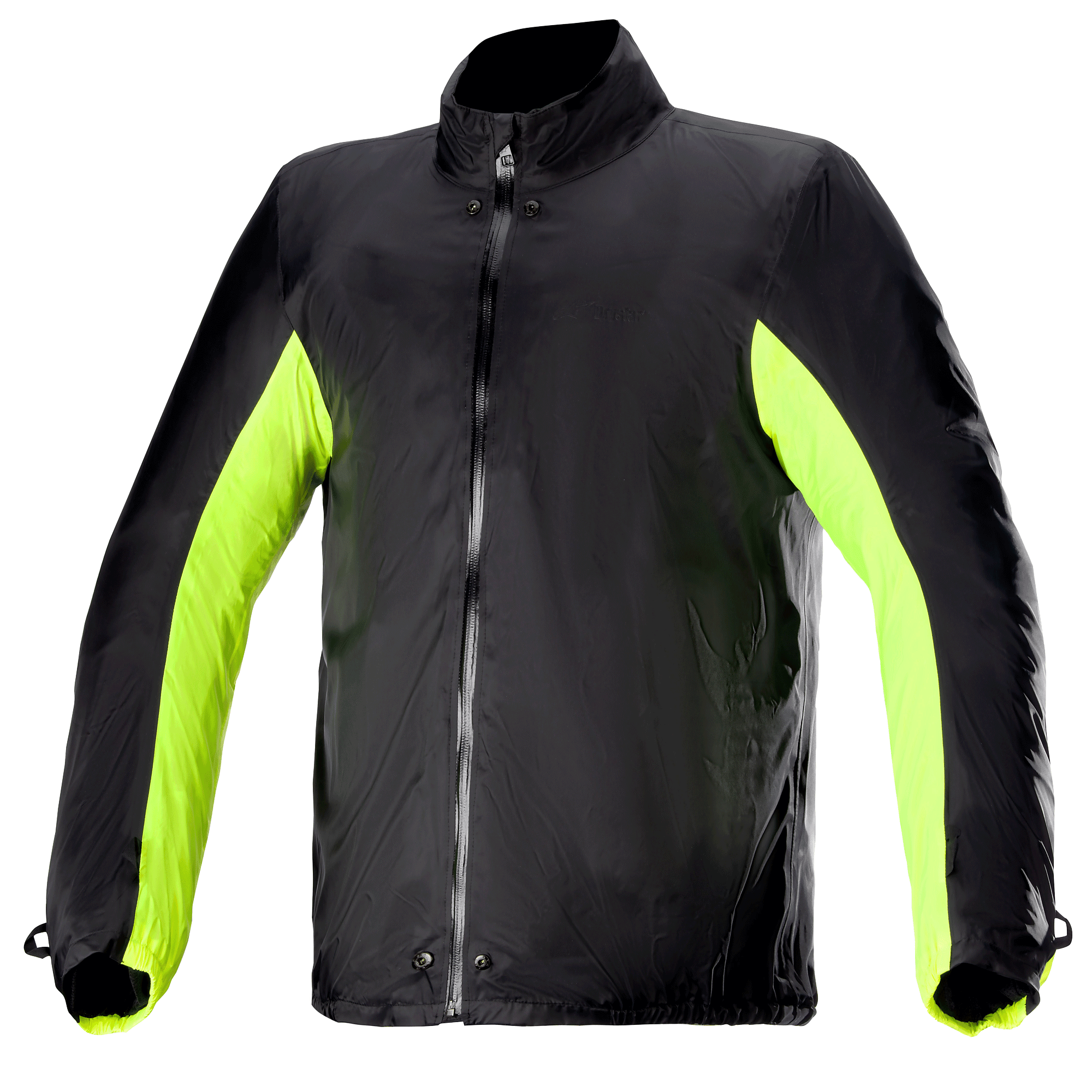 Alpinestars Bogota' Pro Drystar® Jacket Rain Cover, wodoodporna podpinka do kurtki motocyklowej, czarna z neonowożółtymi panelami bocznymi i na ramionach, zamek błyskawiczny na całej długości z zatrzaskami przy kołnierzu i w pasie, techniczne akcesorium do jazdy w każdych warunkach pogodowych