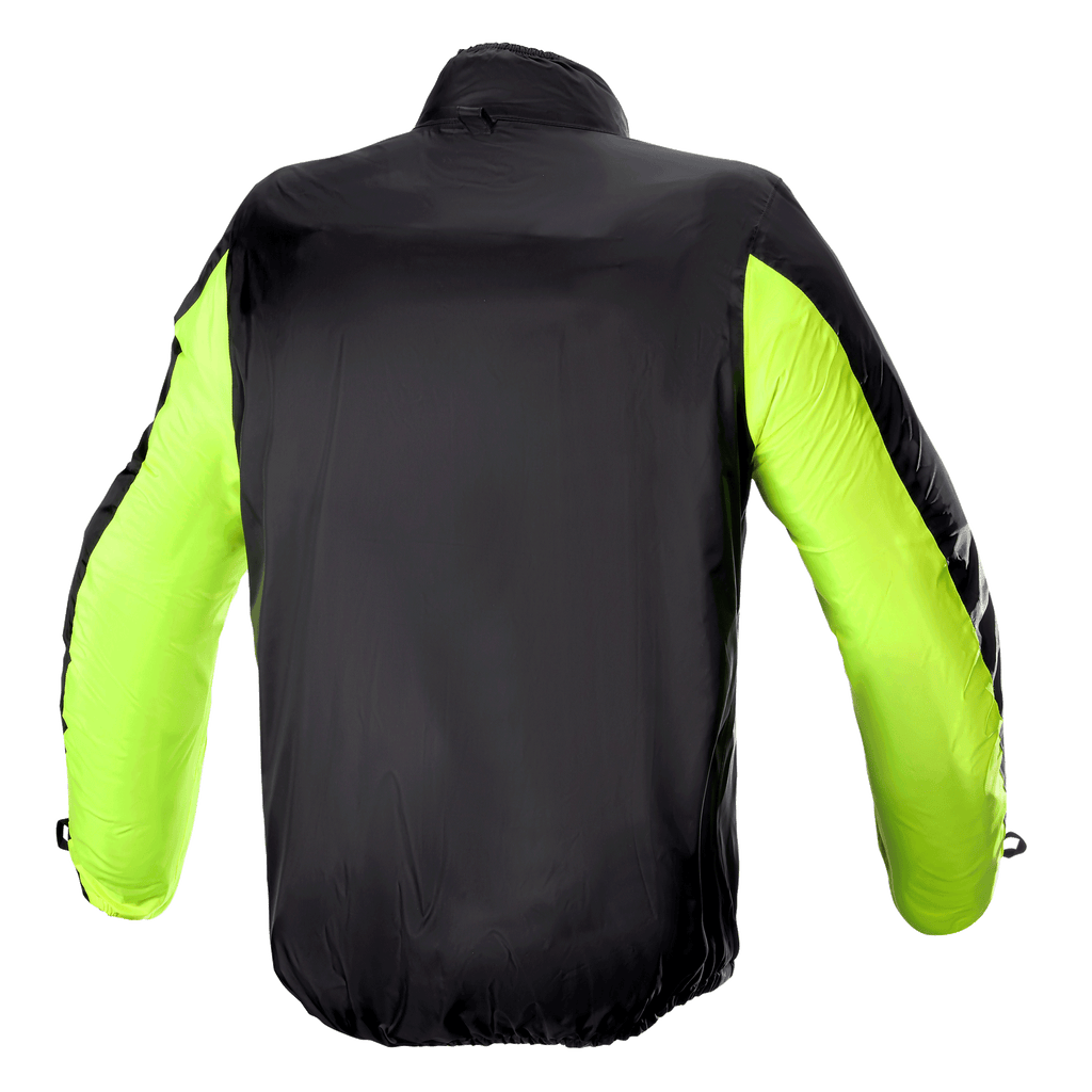 Alpinestars Bogota' Pro Drystar® Jacket Rain Cover, widok z tyłu, czarna z neonowożółtymi rękawami, lekka wodoodporna konstrukcja zapewniająca wysoką widoczność i ochronę przed warunkami atmosferycznymi