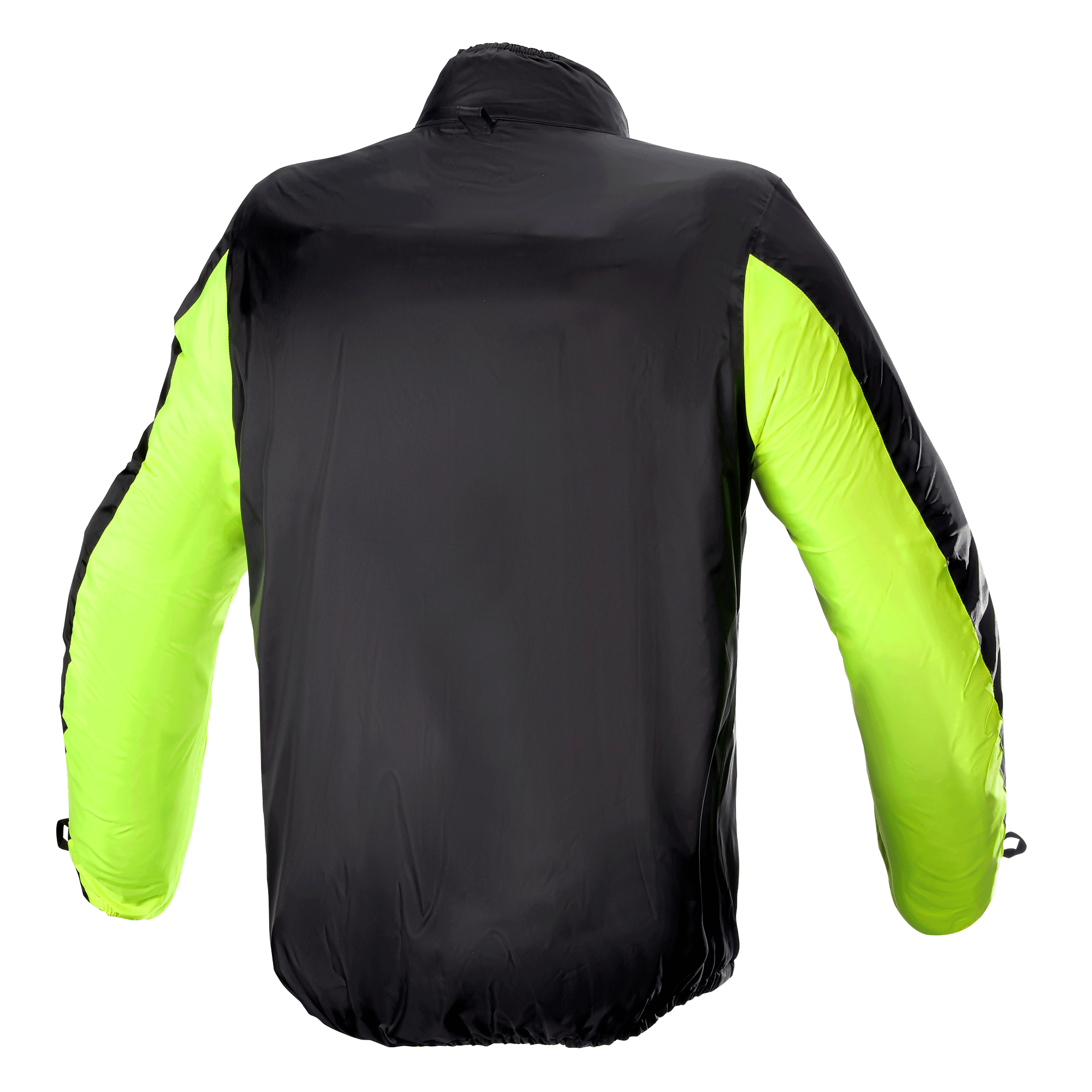 Alpinestars Bogota' Pro Drystar® Jacket Rain Cover, widok z tyłu, czarna z neonowożółtymi rękawami, lekka wodoodporna konstrukcja zapewniająca wysoką widoczność i ochronę przed warunkami atmosferycznymi