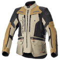 Alpinestars Bogota Pro Drystar Jacket, motocyklowa kurtka turystyczna adventure, beżowa, czarna i piaskowa, wodoodporna konstrukcja tekstylna, liczne kieszenie z czerwonymi uchwytami, wzmocnione strefy ochronne, wysoki kołnierz