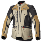 Alpinestars Bogota Pro Drystar Jacket, motocyklowa kurtka turystyczna adventure, beżowa, czarna i piaskowa, wodoodporna konstrukcja tekstylna, liczne kieszenie z czerwonymi uchwytami, wzmocnione strefy ochronne, wysoki kołnierz