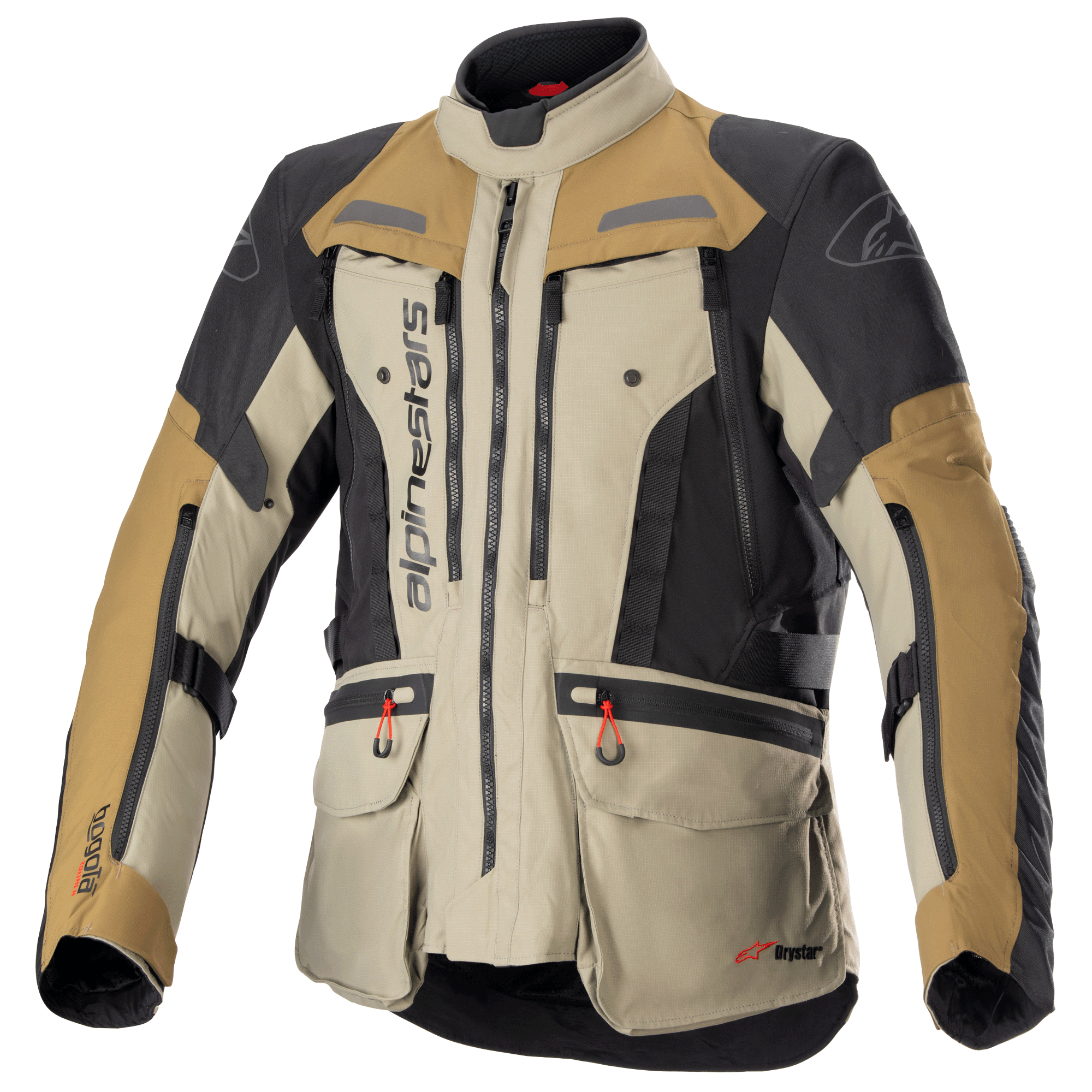 Alpinestars Bogota Pro Drystar Jacket, motocyklowa kurtka turystyczna adventure, beżowa, czarna i piaskowa, wodoodporna konstrukcja tekstylna, liczne kieszenie z czerwonymi uchwytami, wzmocnione strefy ochronne, wysoki kołnierz