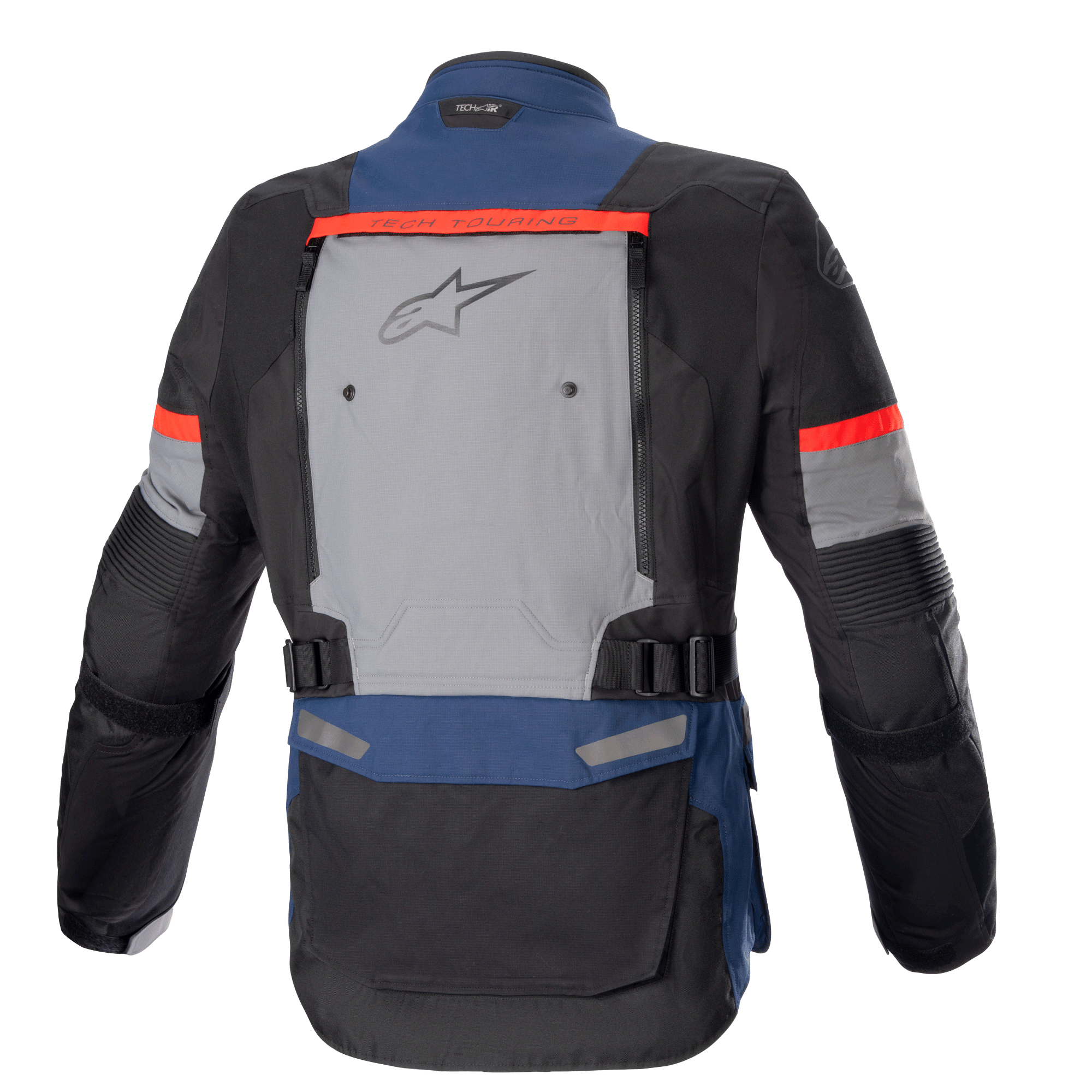 Kurtka Alpinestars Bogotá Pro Drystar®, motocyklowa kurtka adventure touring, ciemnoniebieska, czarna i jaskrawoczerwona, widok z tyłu z dużym szarym panelem wentylacyjnym z logo Alpinestars, czerwone akcenty „Tech Touring” i regulowane paski w talii