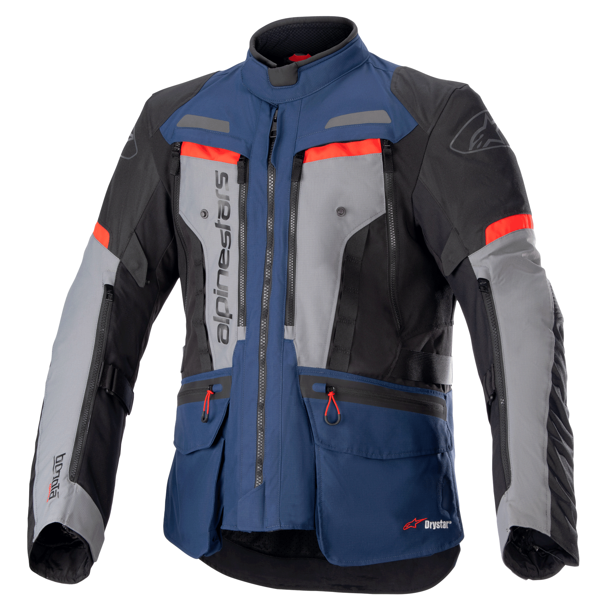 Alpinestars Bogota Pro Drystar Jacket, motocyklowa kurtka turystyczna adventure, ciemnoniebieska i czarna z szarymi panelami na klatce piersiowej i jaskrawoczerwonymi akcentami, wodoodporna konstrukcja tekstylna, liczne zamki wentylacyjne i kieszenie użytkowe.