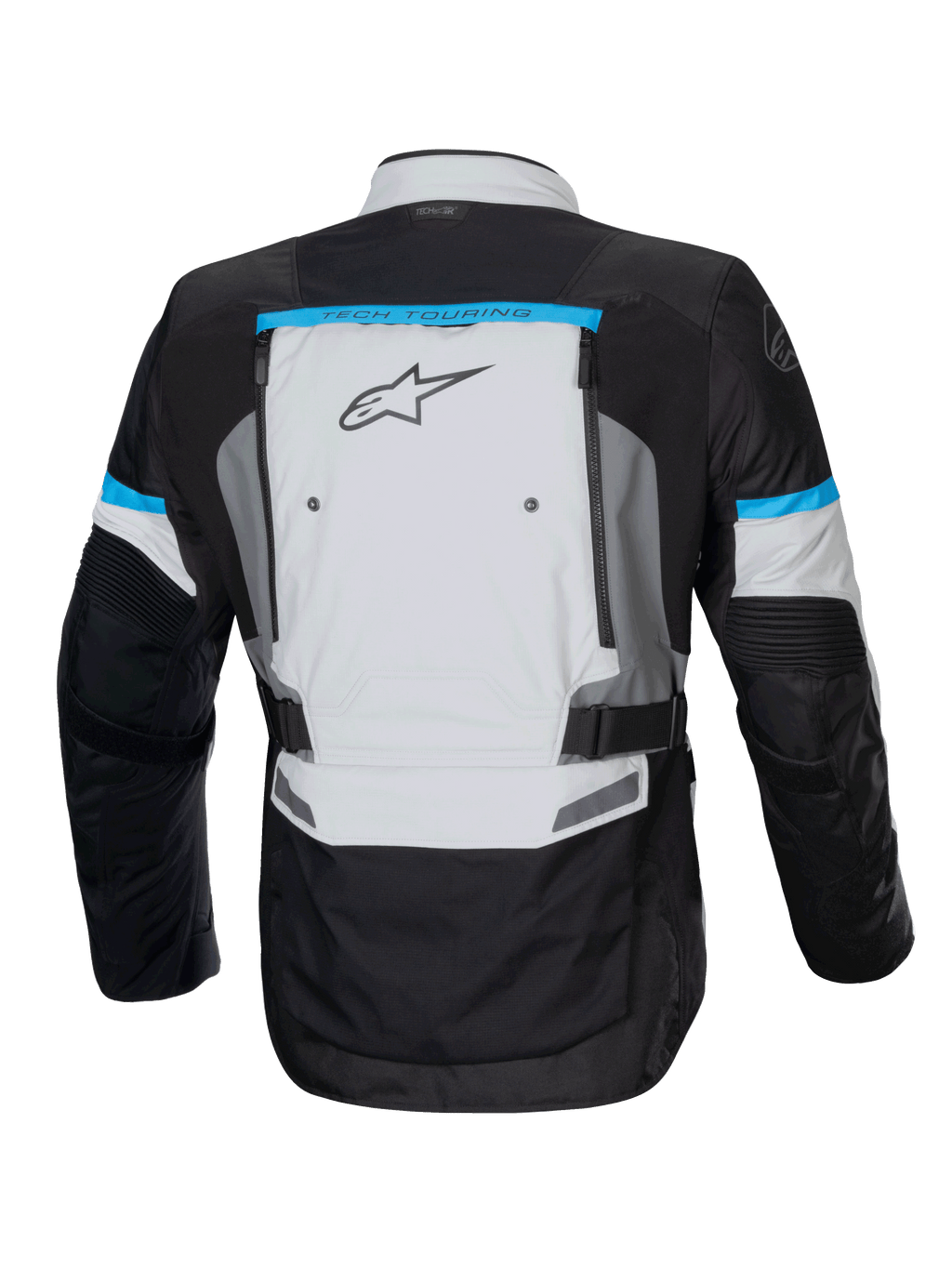 Kurtka motocyklowa Alpinestars Bogota Pro Drystar, touring, męska, lodowy szary i czarny, akcenty cyjan, widok z tyłu.
