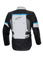 Kurtka motocyklowa Alpinestars Bogota Pro Drystar, touring, męska, lodowy szary i czarny, akcenty cyjan, widok z tyłu.