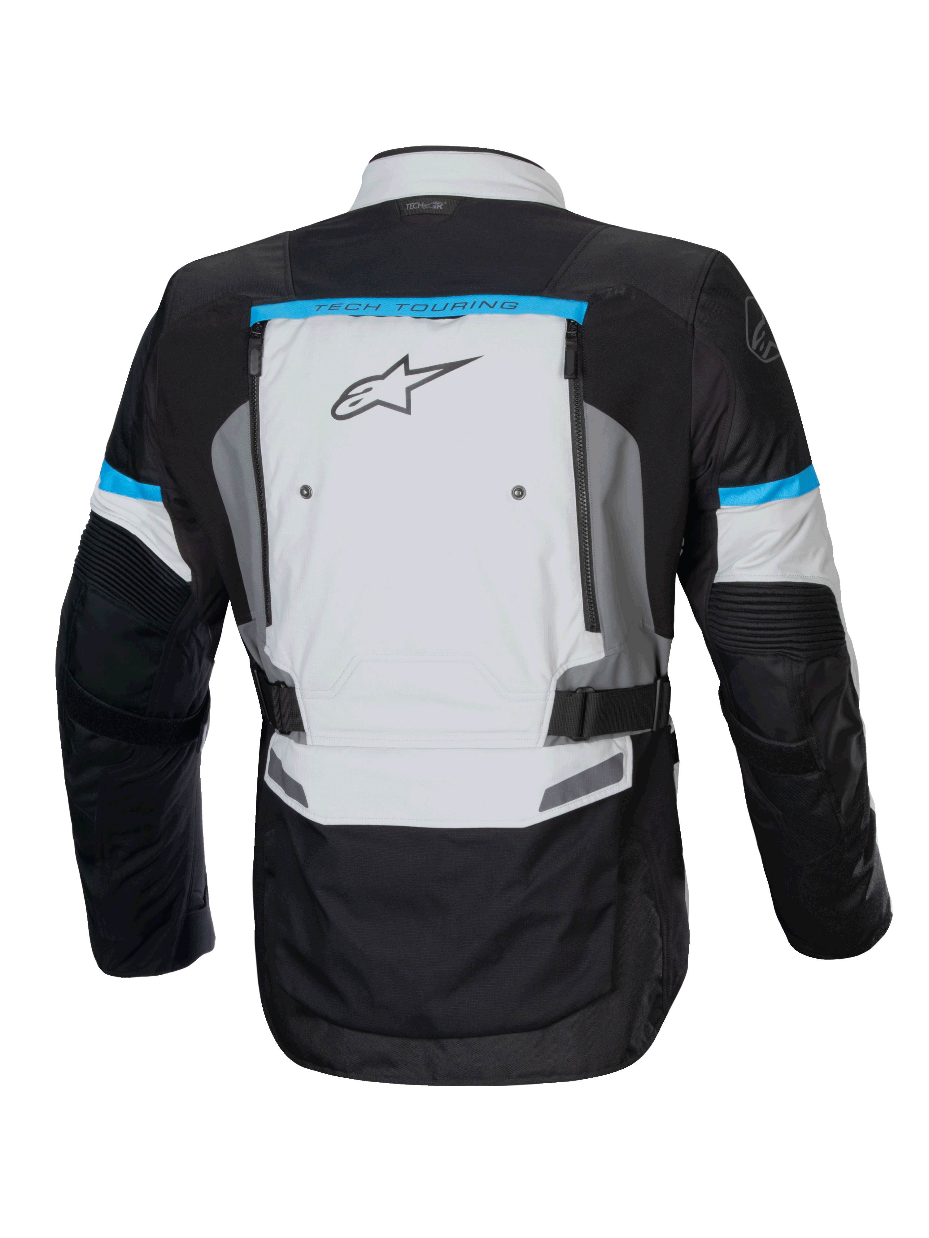 Kurtka motocyklowa Alpinestars Bogota Pro Drystar, touring, męska, lodowy szary i czarny, akcenty cyjan, widok z tyłu.