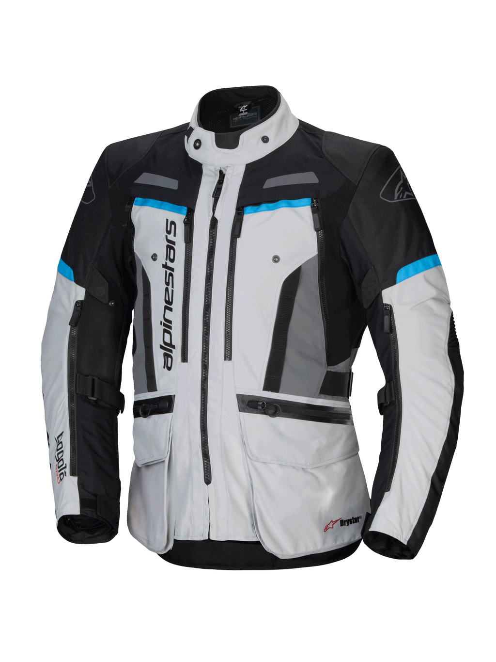 Alpinestars Bogota' Pro Drystar, kurtka motocyklowa touring, męska, szary, czarny i cyjan, wodoodporna, certyfikat CE.