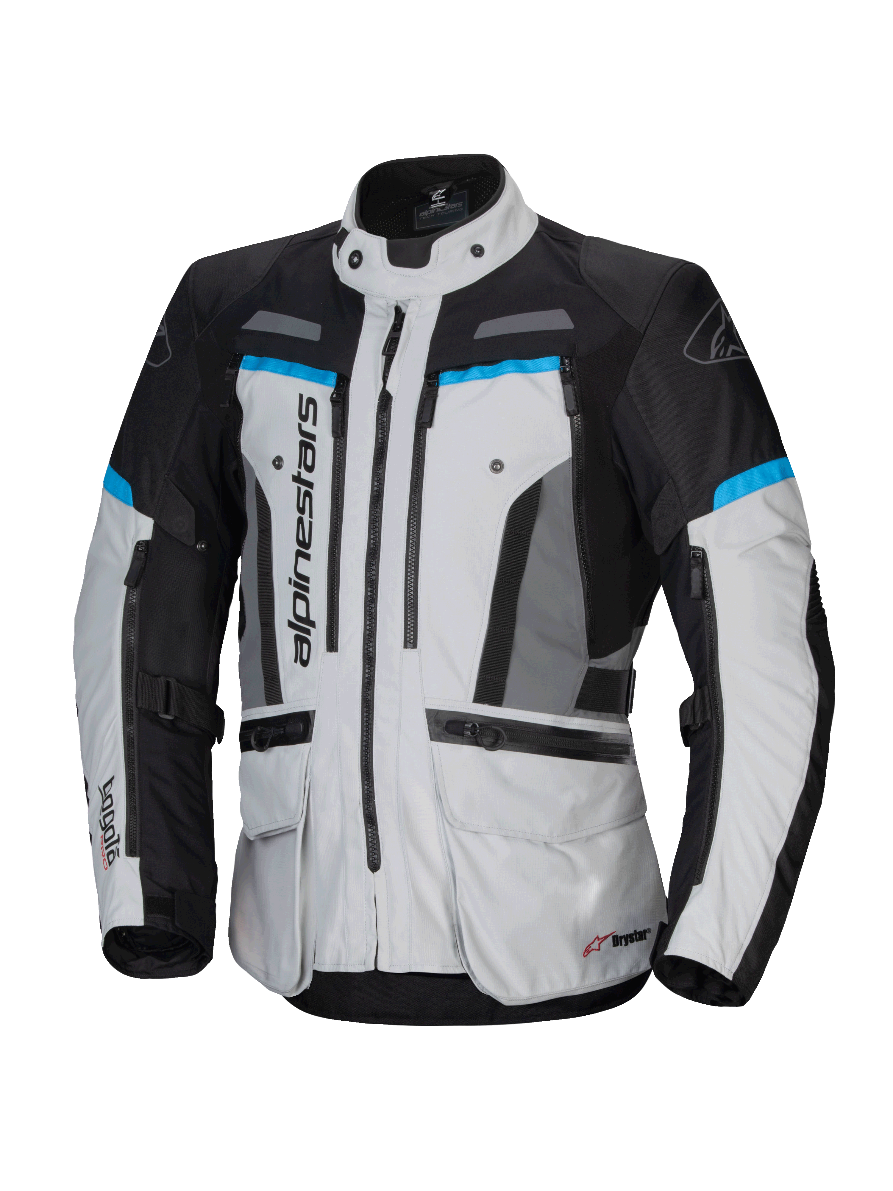 Alpinestars Bogota' Pro Drystar, kurtka motocyklowa touring, męska, szary, czarny i cyjan, wodoodporna, certyfikat CE.