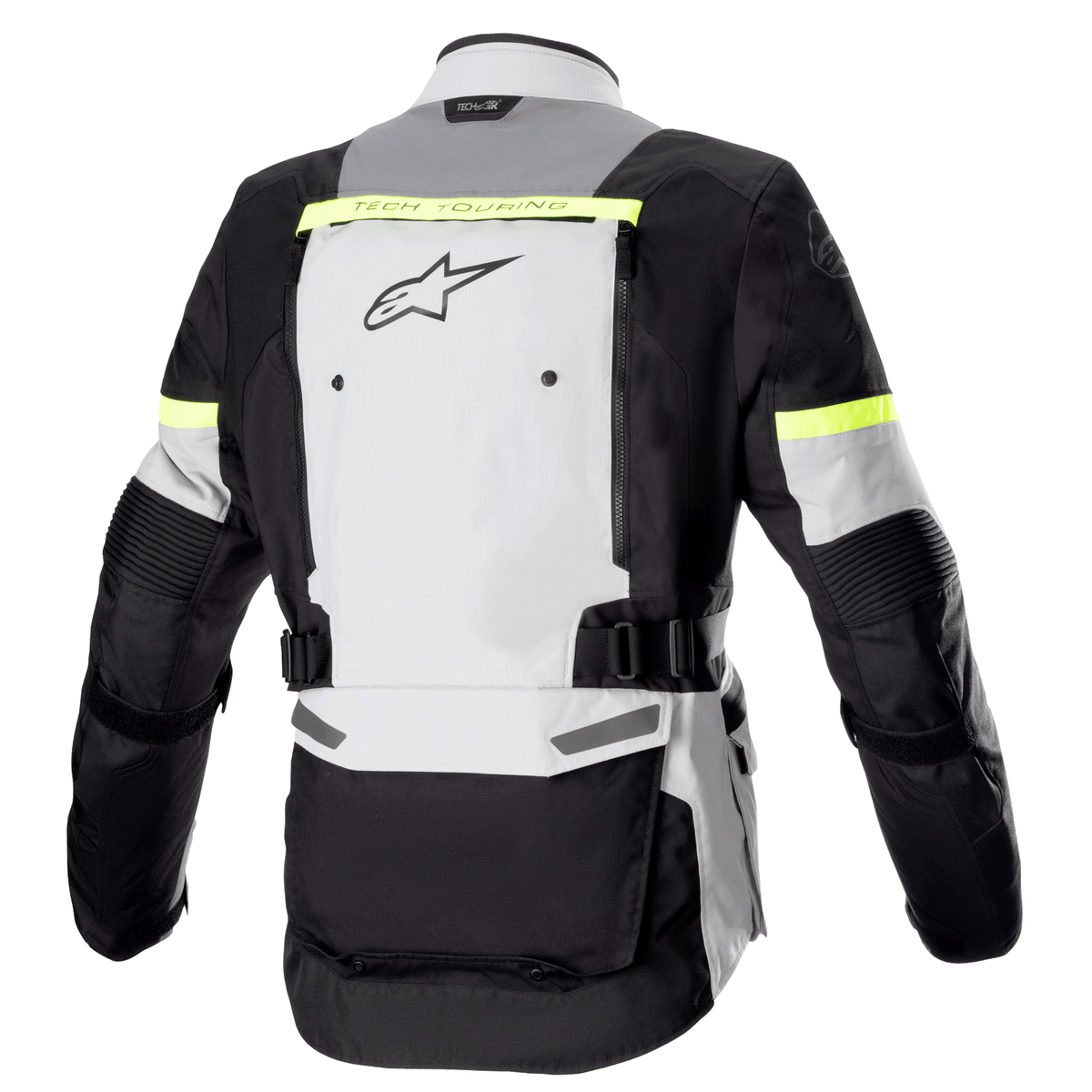 Kurtka Alpinestars Bogotá Pro Drystar®, widok z tyłu, kolor lodowo-szary, ciemnoszary i neonowy żółty, wyposażona w duży panel wentylacyjny na plecach, neonowożółte elementy odblaskowe i regulowane paski w talii, motocyklowa odzież adventure touring