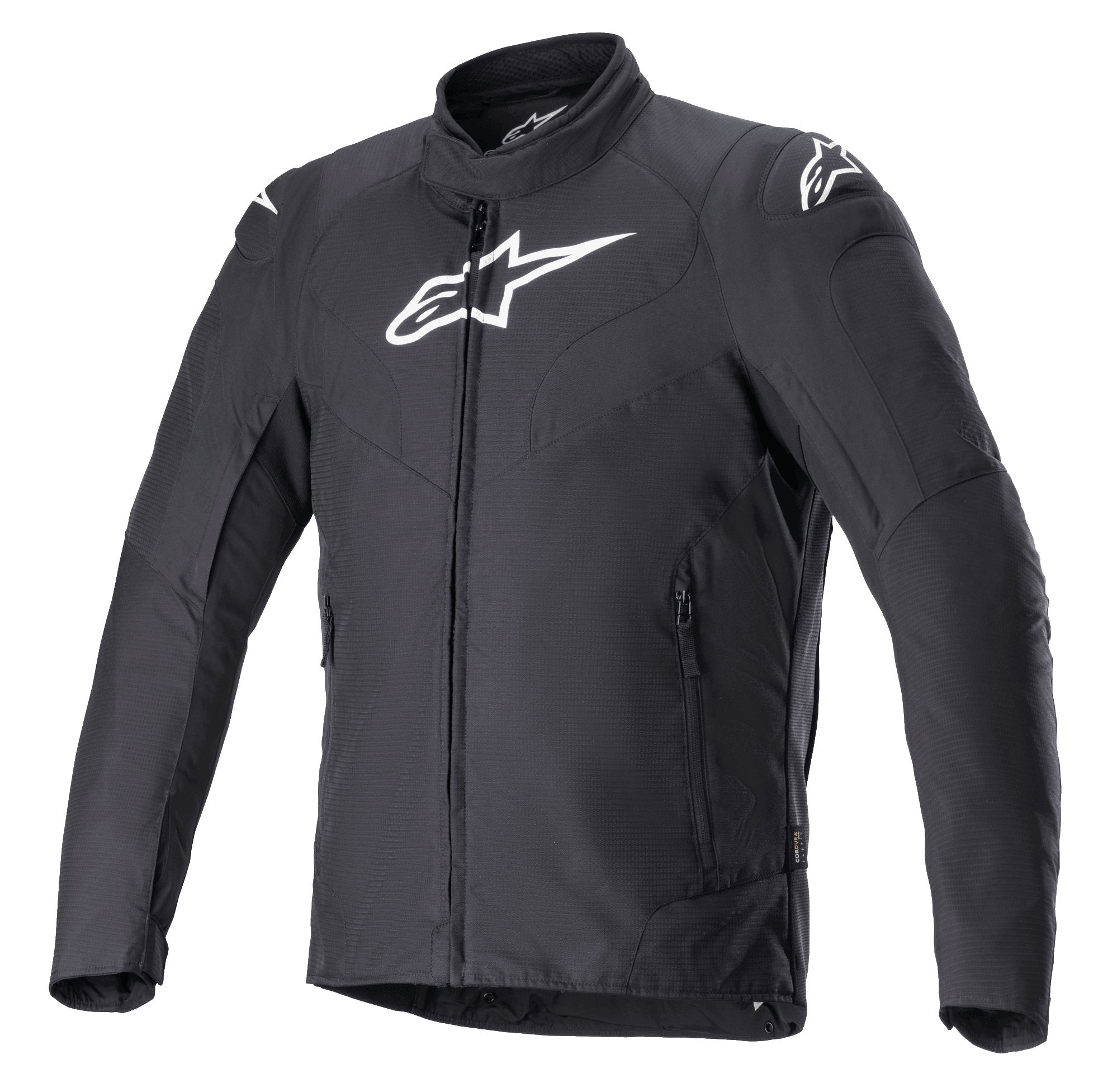 Kurtka Alpinestars RX-3 Waterproof, czarna kurtka motocyklowa, techniczna konstrukcja Ripstop CORDURA, wysoki kołnierz z zamkiem błyskawicznym na całej długości, boczne kieszenie zapinane na zamek, białe logo Alpinestars na klatce piersiowej i ramionach, dopasowany krój szosowy