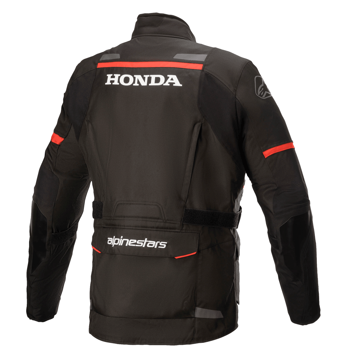 Kurtka Alpinestars Honda Andes V3 Drystar®, czarna, widok z tyłu z białym logo Honda i Alpinestars, czerwone paski na ramionach i rękawach, turystyczna kurtka motocyklowa adventure z elementami odblaskowymi i dużą tylną kieszenią cargo