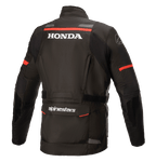 Alpinestars Honda Andes V3 Drystar® Jacket, Black, rear view featuring white Honda and Alpinestars branding, red accent stripes on the shoulders and sleeves, adventure touring motorcycle jacket with reflective details and a large rear utility pocket.