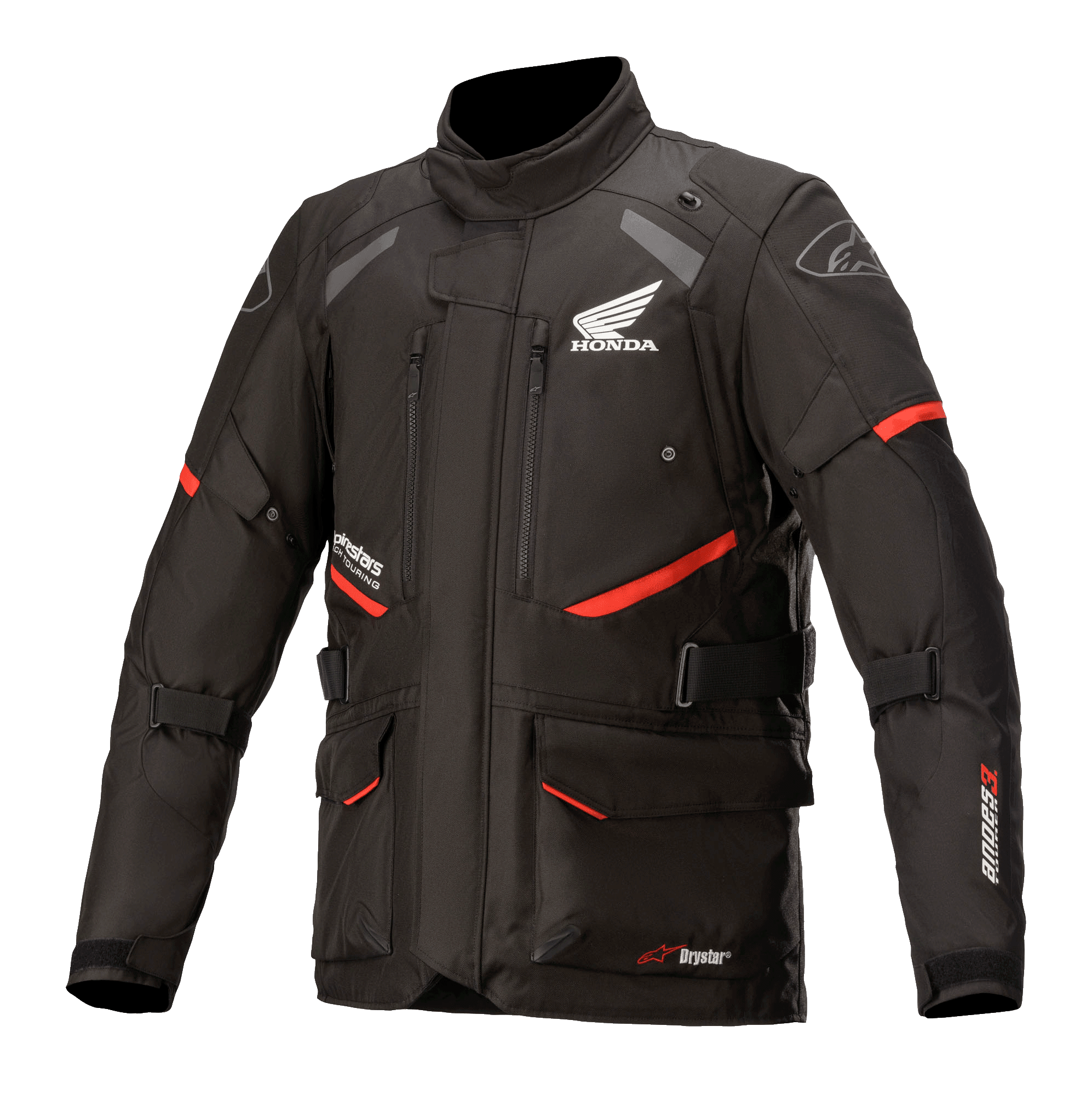 Kurtka Honda Andes V3 Drystar, motocyklowa kurtka turystyczna, czarna z czerwonymi akcentami, widok z przodu z dużymi kieszeniami cargo i regulowanymi paskami, techniczna konstrukcja tekstylna z logo skrzydła Hondy i Alpinestars, design inspirowany stylem adventure