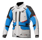 Alpinestars Honda Andes V3 Drystar® Jacket, Motorcycle Touring Jacket, Ice Gray Blue and Bright Red, waterproof design with high collar, multiple zippered vents, cargo pockets, and adjustable straps, featuring Honda branding