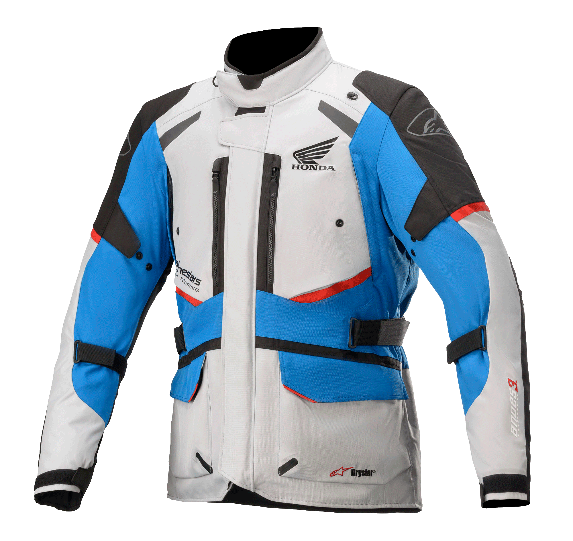 Kurtka Alpinestars Honda Andes V3 Drystar®, motocyklowa kurtka turystyczna, kolory lodowo-szary, niebieski i jaskrawoczerwony, wodoodporna konstrukcja z wysokim kołnierzem, liczne otwory wentylacyjne na zamki, kieszenie cargo i paski regulacyjne, z logo Honda