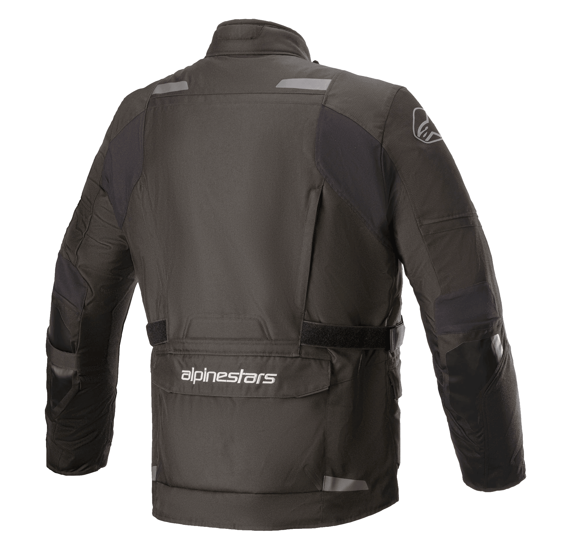 Kurtka Alpinestars Andes V3 Drystar®, kurtka motocyklowa, czarna, widok z tyłu przedstawiający dużą dolną kieszeń użytkową z logo Alpinestars, odblaskowe elementy na ramionach i regulowany pasek w talii, wytrzymała tekstylna konstrukcja do jazdy turystycznej adventure