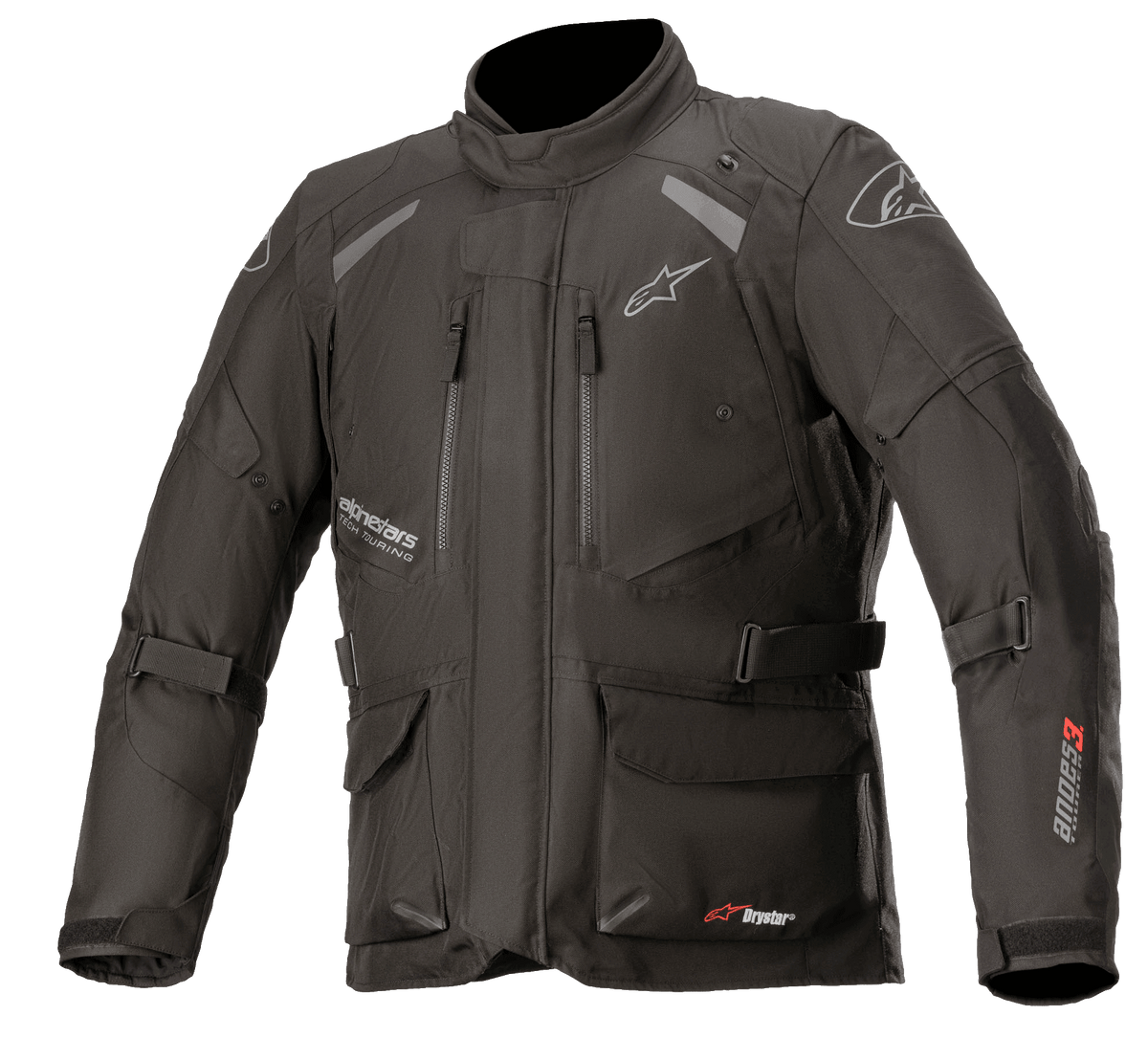 Alpinestars Andes V3 Drystar, motocyklowa kurtka turystyczna adventure, czarna z białym i czerwonym brandingiem, liczne wodoodporne kieszenie cargo, regulowane paski dla dopasowania, odporna na warunki pogodowe konstrukcja tekstylna, panele odblaskowe