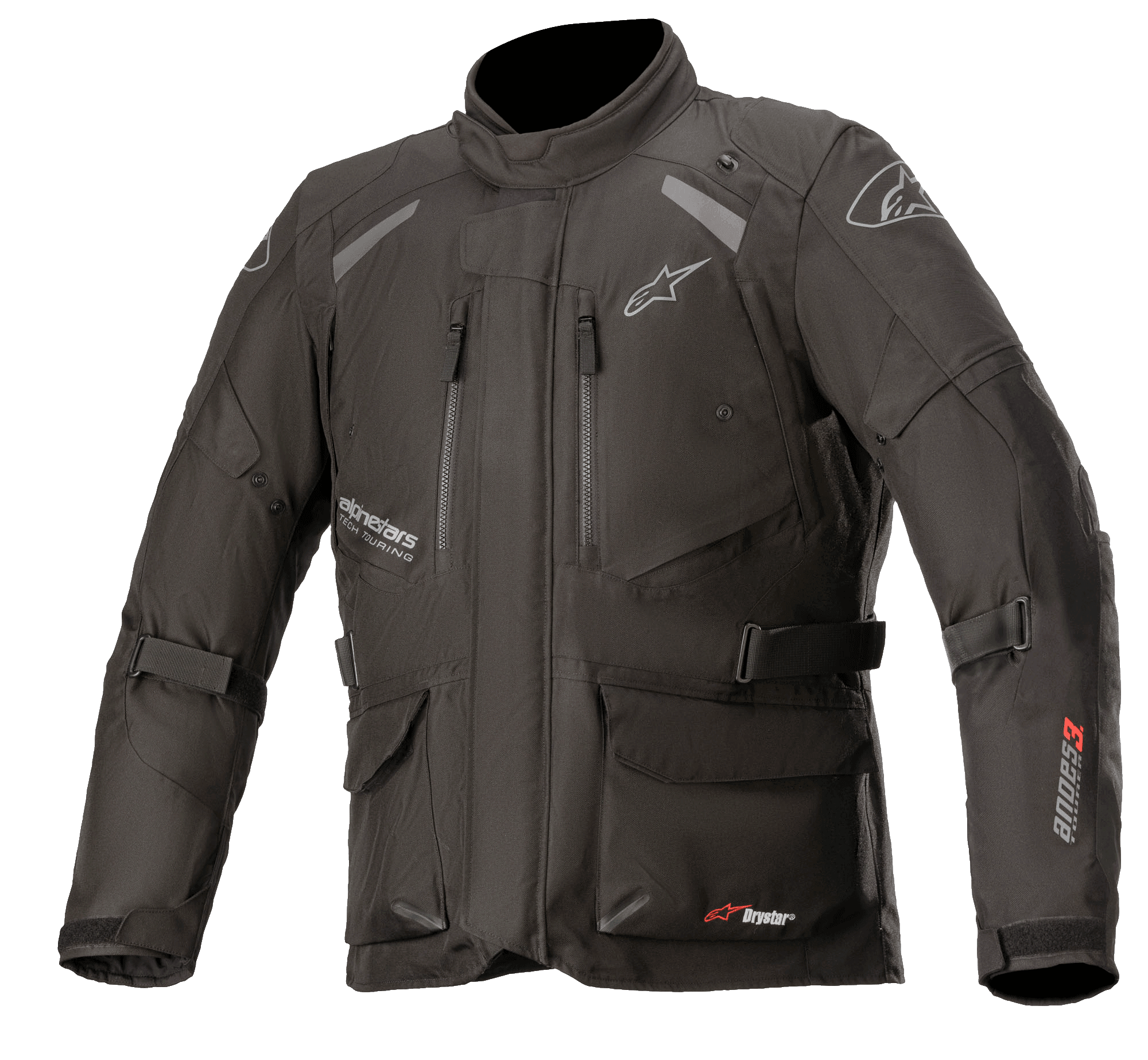Alpinestars Andes V3 Drystar, motocyklowa kurtka turystyczna adventure, czarna z białym i czerwonym brandingiem, liczne wodoodporne kieszenie cargo, regulowane paski dla dopasowania, odporna na warunki pogodowe konstrukcja tekstylna, panele odblaskowe