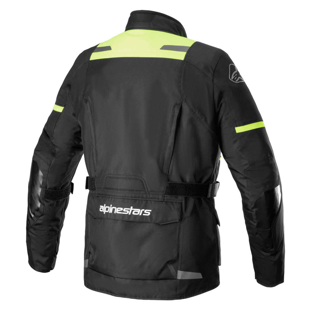 Kurtka Alpinestars Andes V3 Drystar®, widok z tyłu przygodowej kurtki motocyklowej w kolorze czarnym i żółtym fluo, z dużą kieszenią użytkową na dole pleców z logo Alpinestars, panelami o wysokiej widoczności na ramionach i regulowanymi paskami w talii.