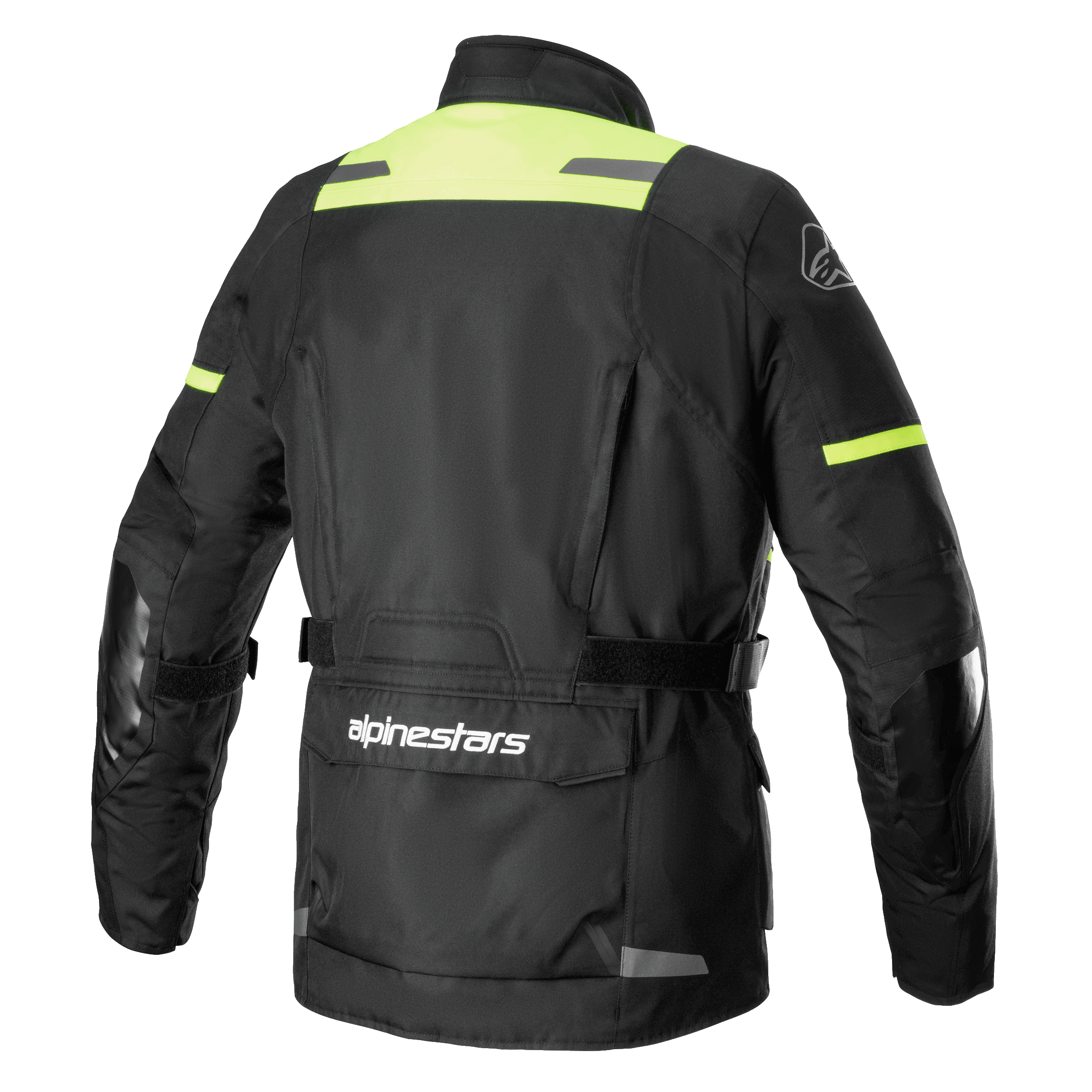 Kurtka Alpinestars Andes V3 Drystar®, widok z tyłu przygodowej kurtki motocyklowej w kolorze czarnym i żółtym fluo, z dużą kieszenią użytkową na dole pleców z logo Alpinestars, panelami o wysokiej widoczności na ramionach i regulowanymi paskami w talii.