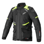 Kurtka Alpinestars Andes V3 Drystar, motocyklowa kurtka turystyczna, czarna z neonowo-żółtymi akcentami, zapinane na zamek otwory wentylacyjne na klatce piersiowej, duże przednie kieszenie cargo, regulowane paski w talii, branding Alpinestars, techniczna wodoodporna odzież adventure