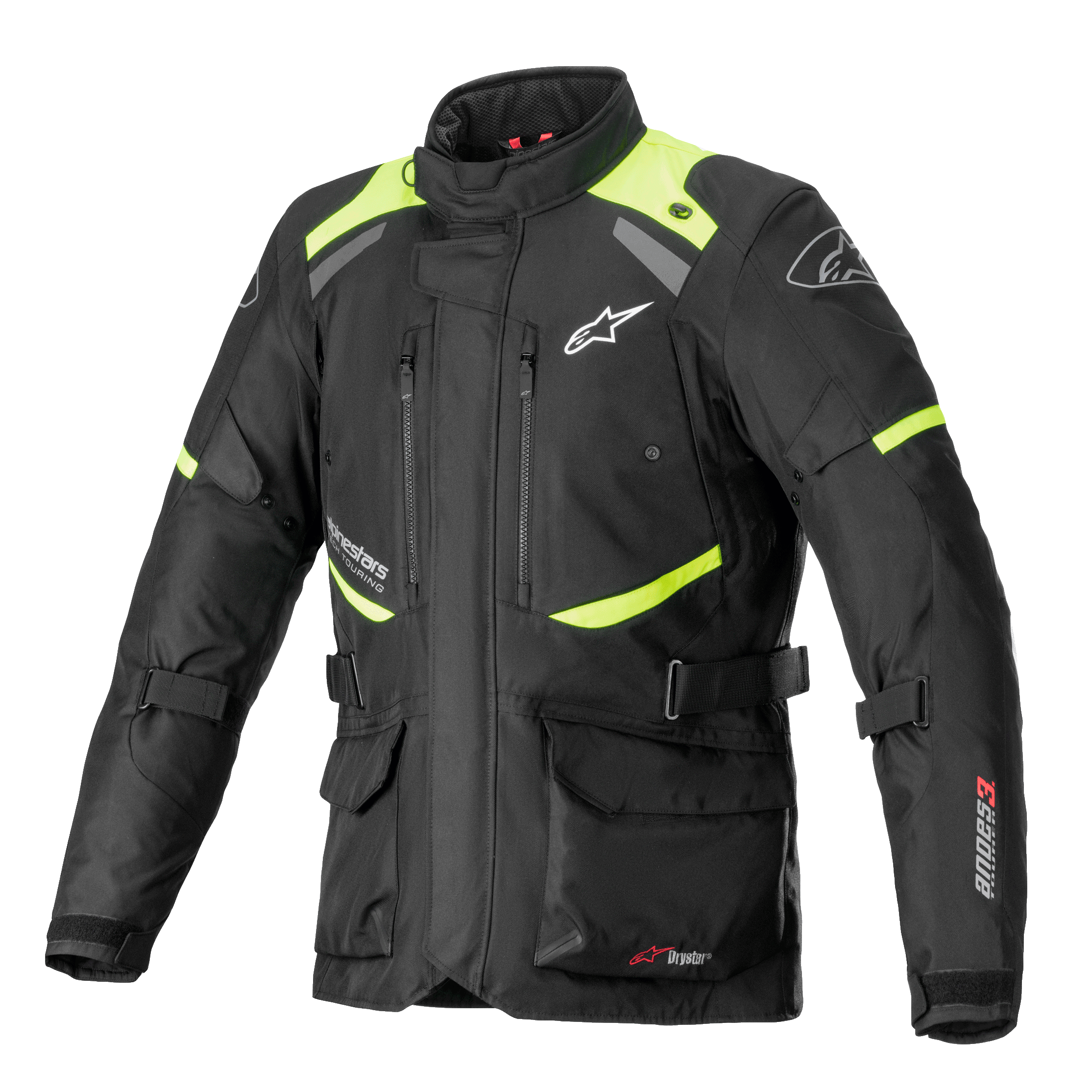 Kurtka Alpinestars Andes V3 Drystar, motocyklowa kurtka turystyczna, czarna z neonowo-żółtymi akcentami, zapinane na zamek otwory wentylacyjne na klatce piersiowej, duże przednie kieszenie cargo, regulowane paski w talii, branding Alpinestars, techniczna wodoodporna odzież adventure