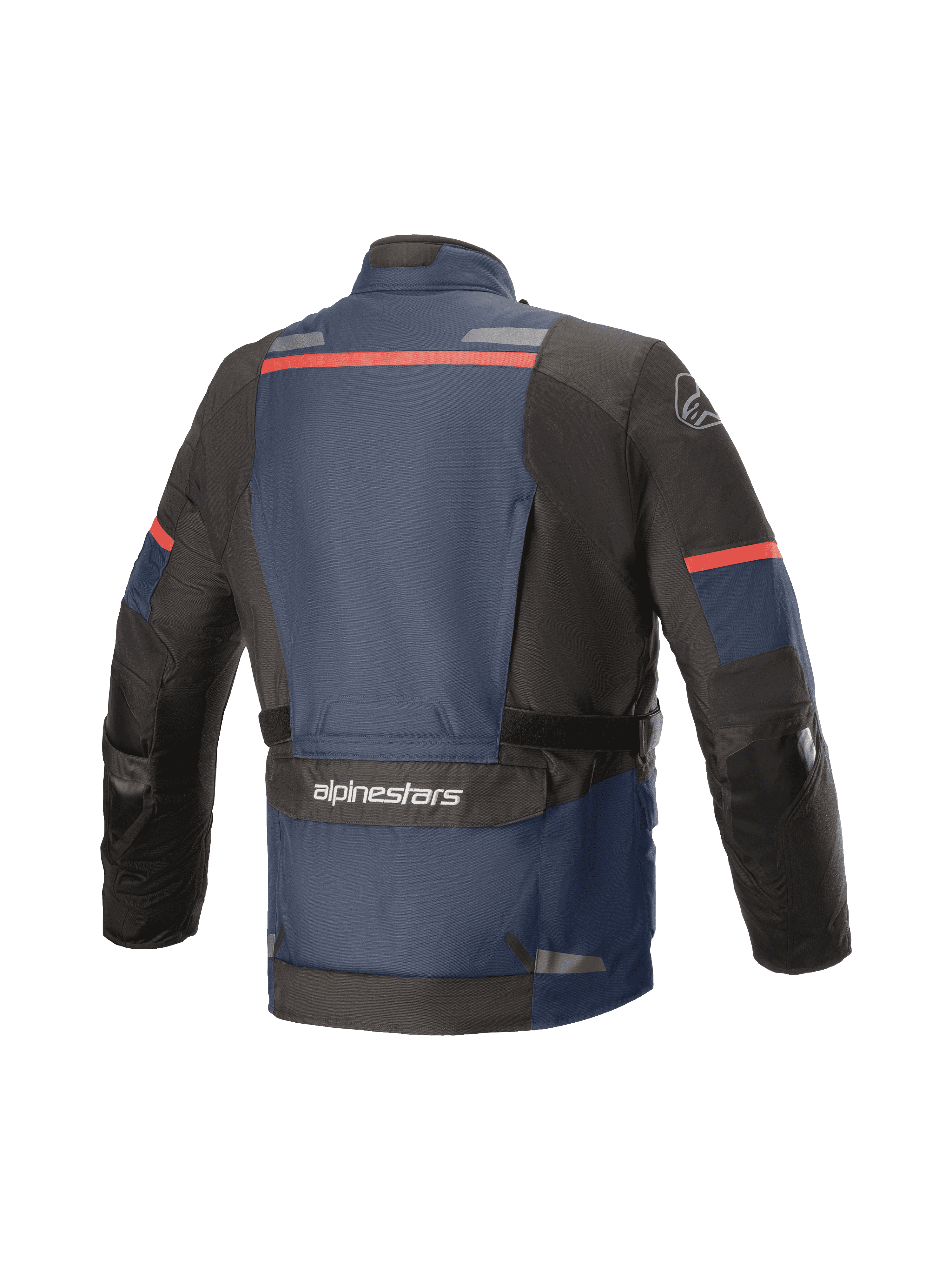 Kurtka Alpinestars Andes V3 Drystar®, motocyklowa kurtka adventure touring, widok z tyłu, ciemnoniebieska i czarna z czerwonymi akcentami, duża kieszeń cargo w dolnej części pleców z logo Alpinestars, odblaskowe paski na górze pleców, wzmocnione sekcje na łokciach