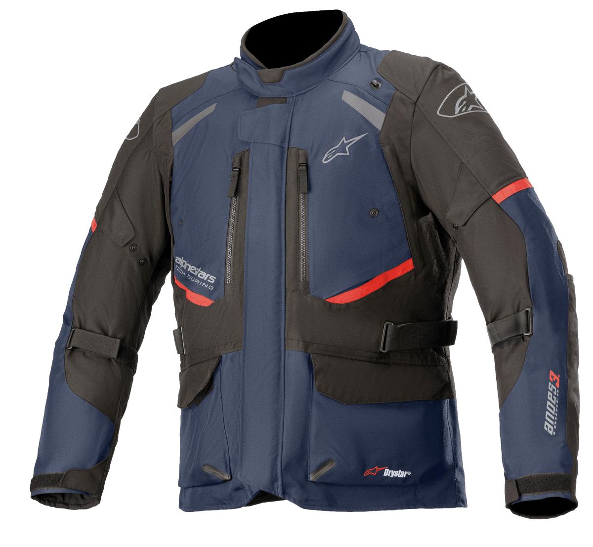Alpinestars Andes V3 Drystar Jacket, motocyklowa kurtka turystyczna, ciemnoniebieska i czarna z czerwonymi akcentami, widok z przodu z zamkami wentylacyjnymi na klatce piersiowej, regulowanymi paskami w talii i wysokim kołnierzem, wodoodporna konstrukcja tekstylna do jazdy typu adventure