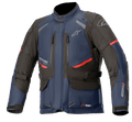 Alpinestars Andes V3 Drystar Jacket, motocyklowa kurtka turystyczna, ciemnoniebieska i czarna z czerwonymi akcentami, widok z przodu z zamkami wentylacyjnymi na klatce piersiowej, regulowanymi paskami w talii i wysokim kołnierzem, wodoodporna konstrukcja tekstylna do jazdy typu adventure