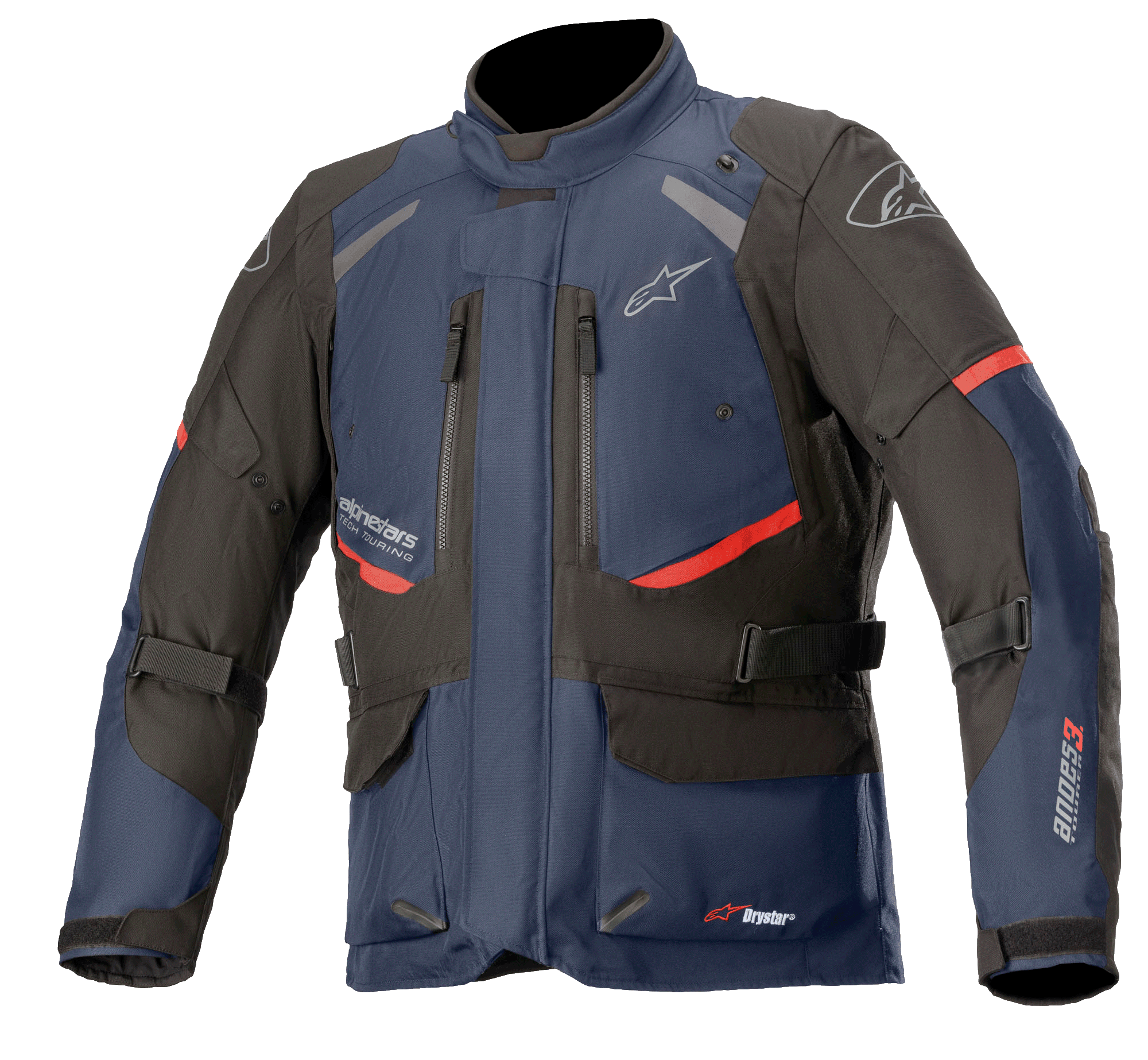 Alpinestars Andes V3 Drystar Jacket, motocyklowa kurtka turystyczna, ciemnoniebieska i czarna z czerwonymi akcentami, widok z przodu z zamkami wentylacyjnymi na klatce piersiowej, regulowanymi paskami w talii i wysokim kołnierzem, wodoodporna konstrukcja tekstylna do jazdy typu adventure