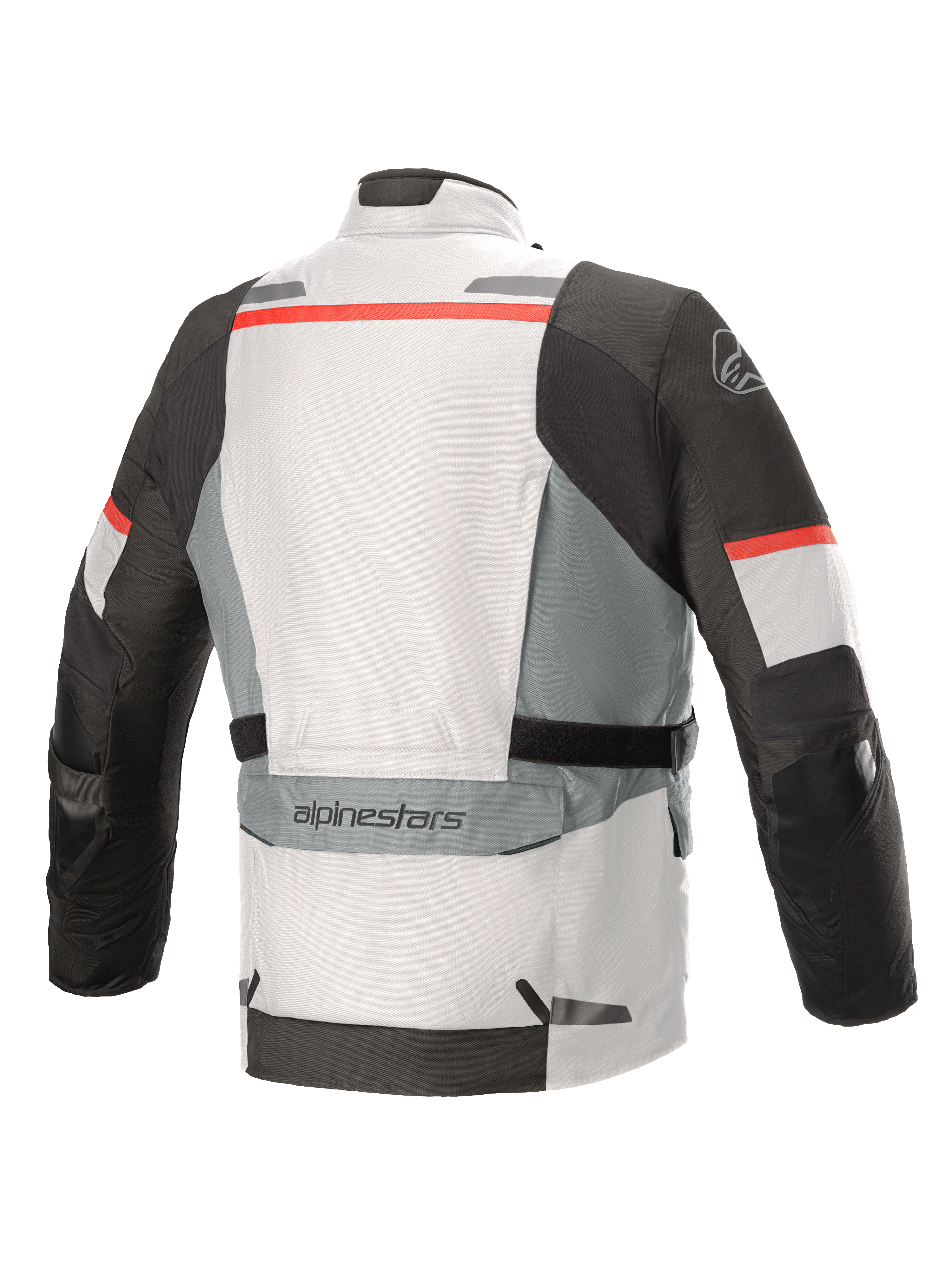 Kurtka Alpinestars Andes V3 Drystar®, kolor lodowoszary i ciemnoszary z czerwonymi akcentami, widok z tyłu z dużą kieszenią użytkową na dole pleców, regulowanymi paskami w talii i odblaskowymi detalami na ramionach oraz dolnej krawędzi.