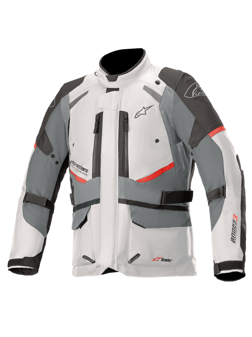 Kurtka Alpinestars Andes V3 Drystar, motocyklowa kurtka turystyczna adventure, jasnoszara i ciemnoszara z czerwonymi akcentami, wodoodporna konstrukcja tekstylna z paskami regulacyjnymi i otworami wentylacyjnymi na zamek, wysoki kołnierz dla ochrony w każdych warunkach pogodowych
