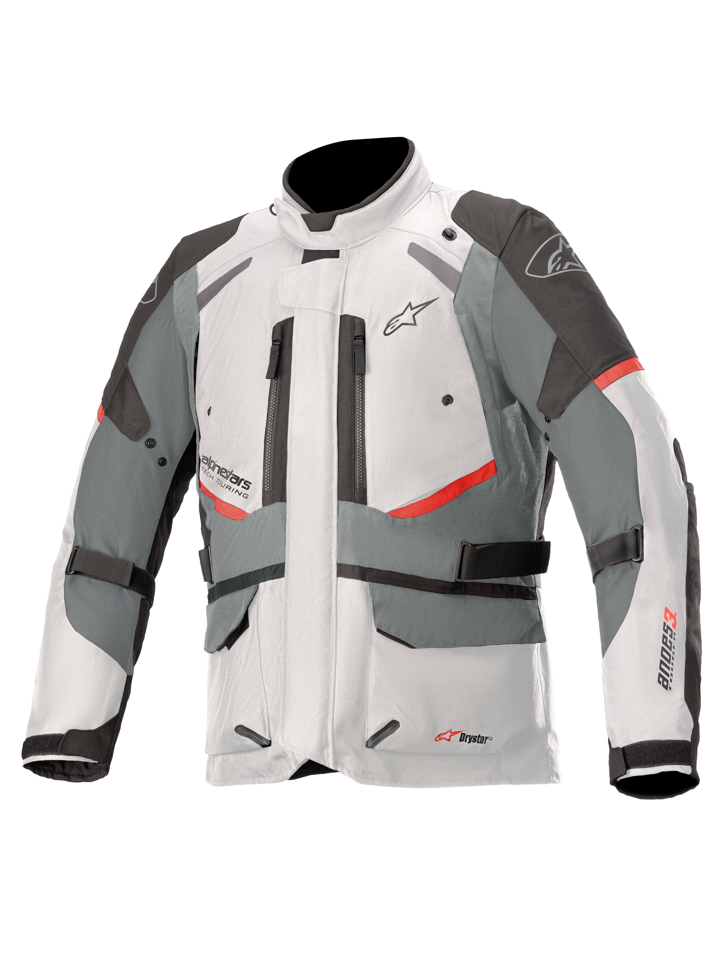 Kurtka Alpinestars Andes V3 Drystar, motocyklowa kurtka turystyczna adventure, jasnoszara i ciemnoszara z czerwonymi akcentami, wodoodporna konstrukcja tekstylna z paskami regulacyjnymi i otworami wentylacyjnymi na zamek, wysoki kołnierz dla ochrony w każdych warunkach pogodowych
