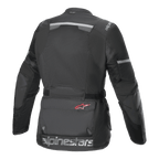 Alpinestars Andes Air Drystar® Jacket, kurtka motocyklowa, czarna, widok z tyłu, obszerne siatkowe panele wentylacyjne, paski odblaskowe na górze pleców i rękawach, duży napis Alpinestars na dolnej krawędzi.