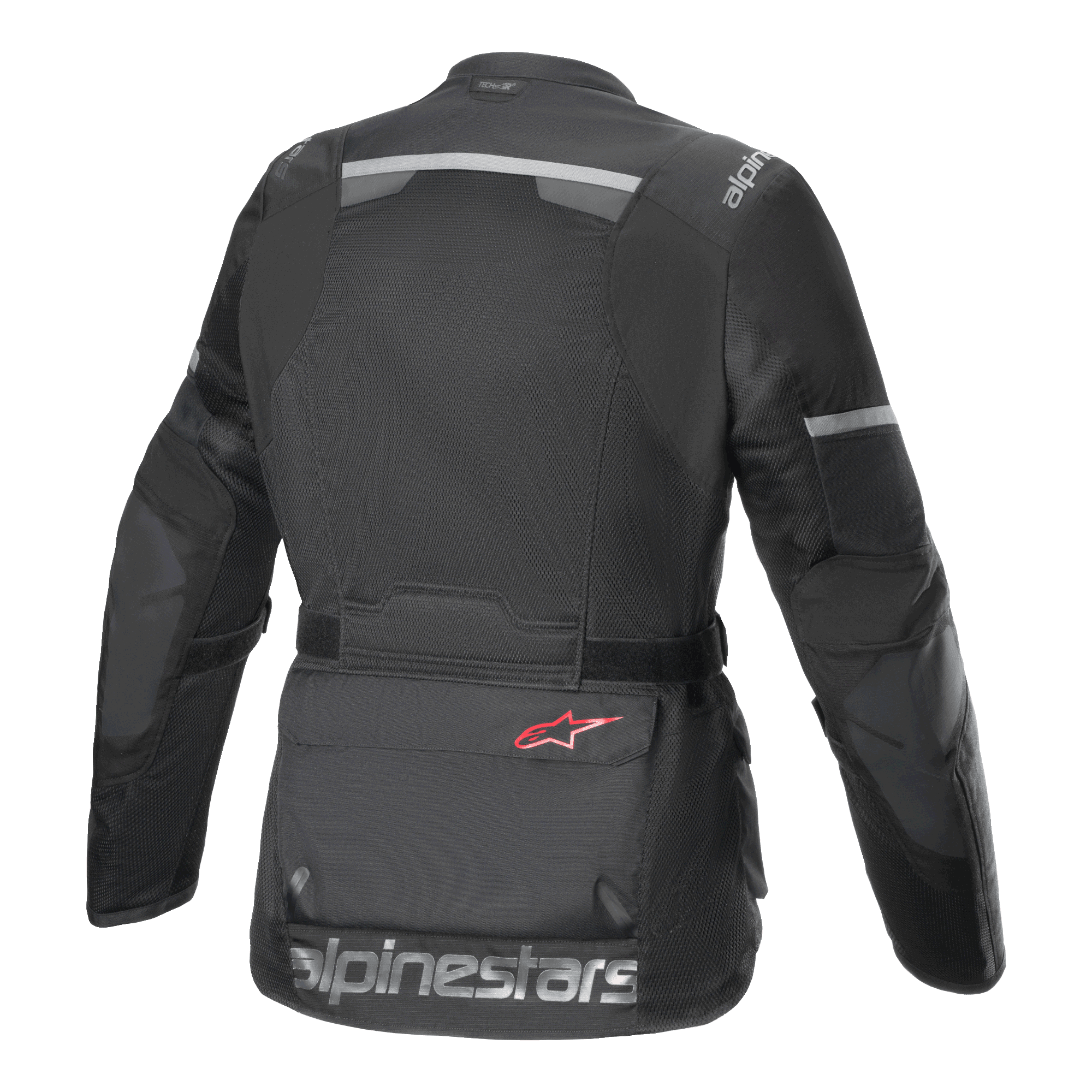 Alpinestars Andes Air Drystar® Jacket, kurtka motocyklowa, czarna, widok z tyłu, obszerne siatkowe panele wentylacyjne, paski odblaskowe na górze pleców i rękawach, duży napis Alpinestars na dolnej krawędzi.
