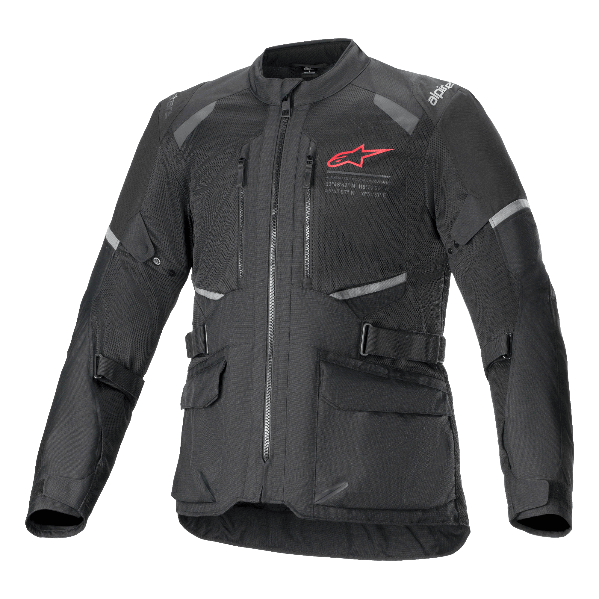 Alpinestars Andes Air Drystar Jacket, czarna motocyklowa kurtka turystyczna adventure, widok z przodu, rozległe panele wentylacyjne z siatki, czerwone logo Alpinestars na piersi, odblaskowe elementy i przednie kieszenie cargo