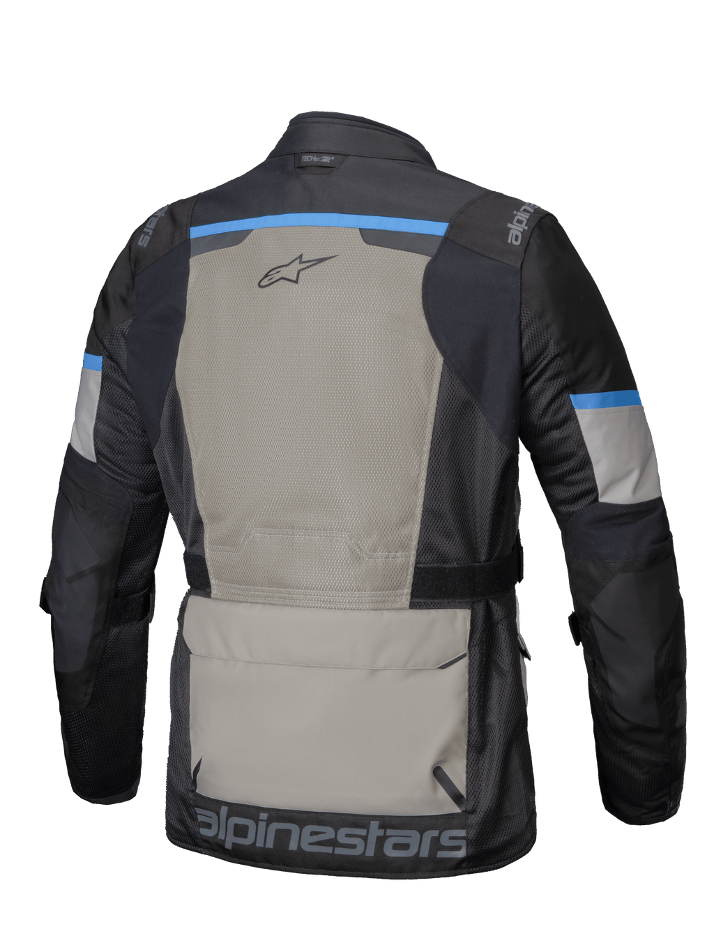 Alpinestars Andes Air Drystar® Kurtka Andes Air Drystar®, męska turystyczna kurtka motocyklowa, widok z tyłu przedstawiający rozległą wentylację z siatki 2D i dużą kieszeń na przechowywanie, czarna, szara i jasnoniebieska, certyfikat CE