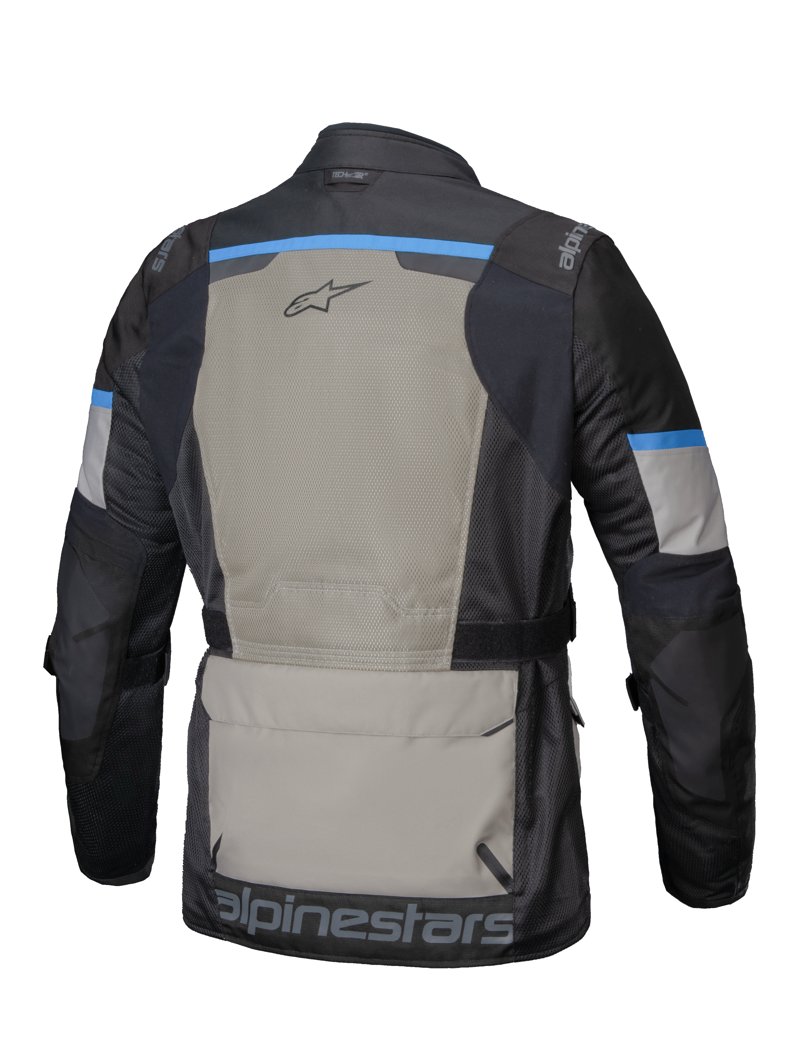 Alpinestars Andes Air Drystar® Kurtka Andes Air Drystar®, męska turystyczna kurtka motocyklowa, widok z tyłu przedstawiający rozległą wentylację z siatki 2D i dużą kieszeń na przechowywanie, czarna, szara i jasnoniebieska, certyfikat CE
