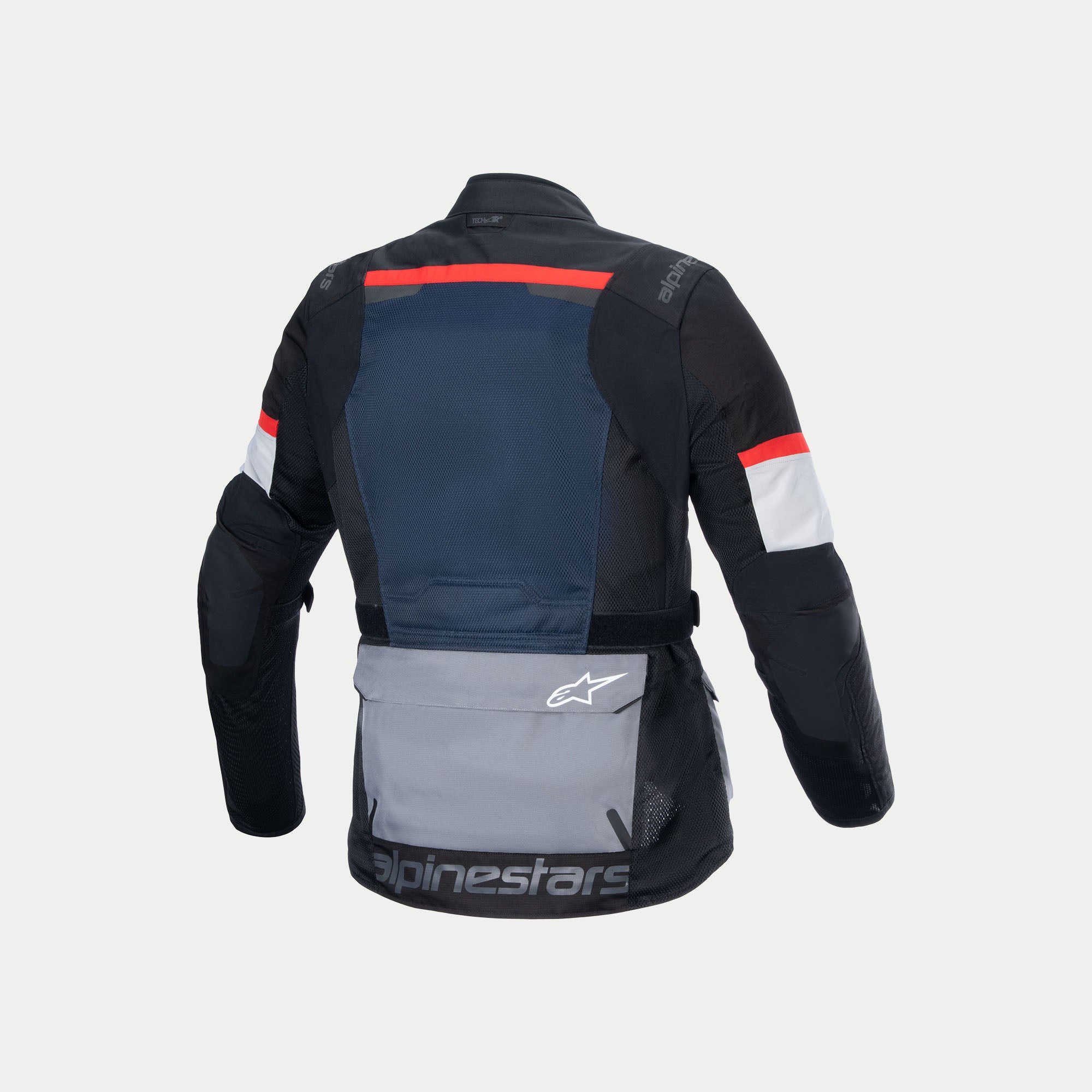 Alpinestars Kurtka Andes Air Drystar®, męska adventure touringowa kurtka motocyklowa, głęboki błękit, czerń i lodowa szarość, rozległe panele wentylacyjne z siatki 2D, widok z tyłu pokazujący kieszeń na ochraniacz pleców i detale dolnej kieszeni